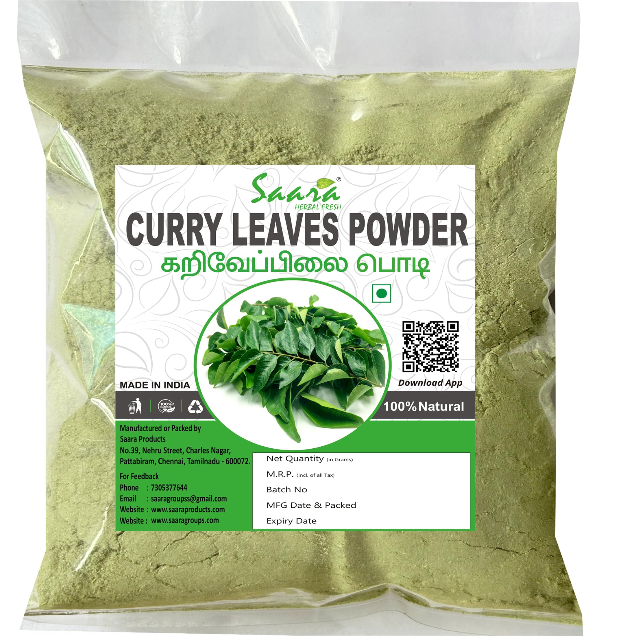 Saara HERBAL FRESH Curry Leaf Powder, 100g, Karuveppilai Powder, Kadi Patta, Karuvepillai Powder, Karibevu Powder (pack of 2 x 50g)-image-49