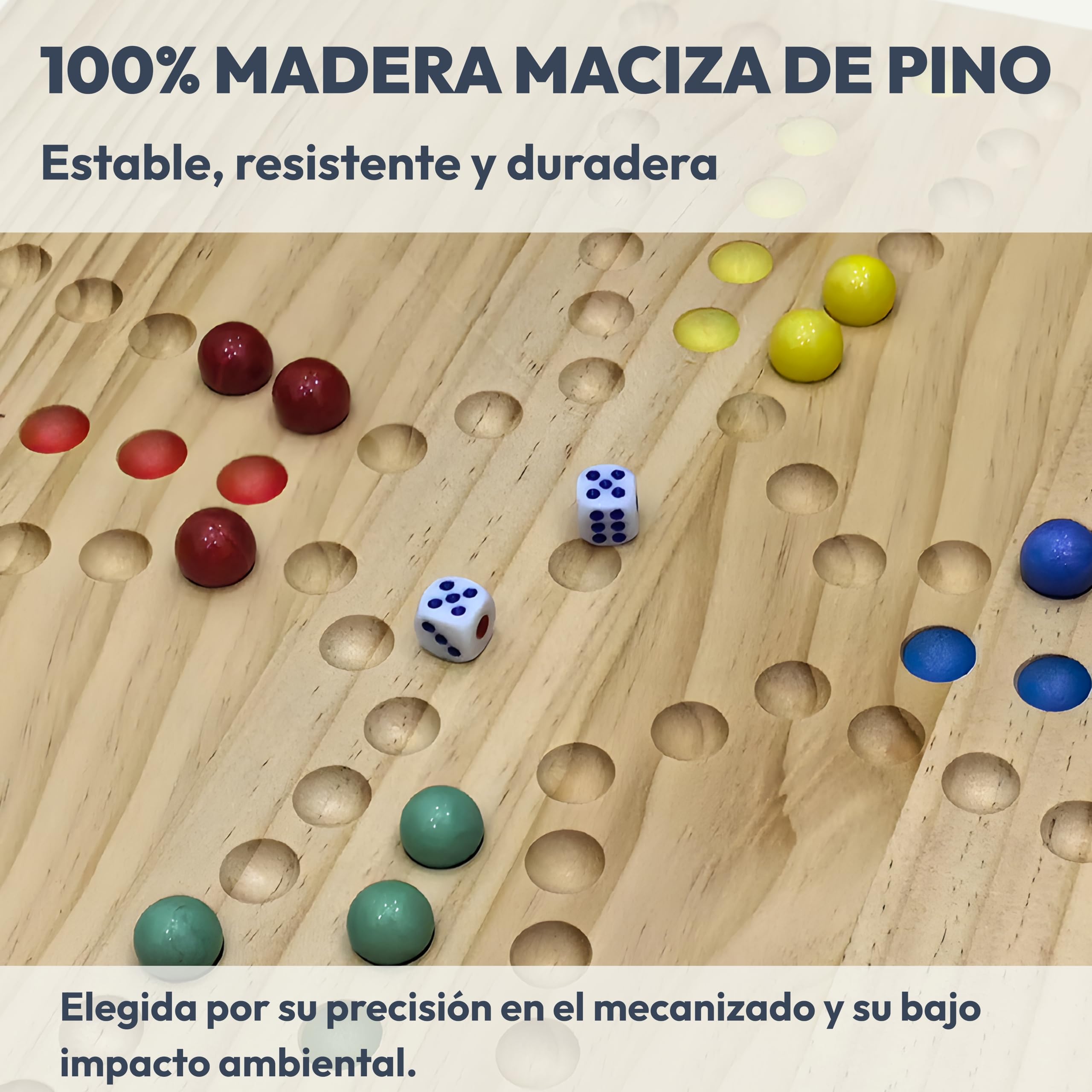 Juego de Ludo/Parchís XL 4–6 Jugadores – Tablero Reversible 40x40 cm de Madera Maciza – Compatible con Tock y Jackaroo – con Cartas o Dados – Incluye Canicas de Cristal