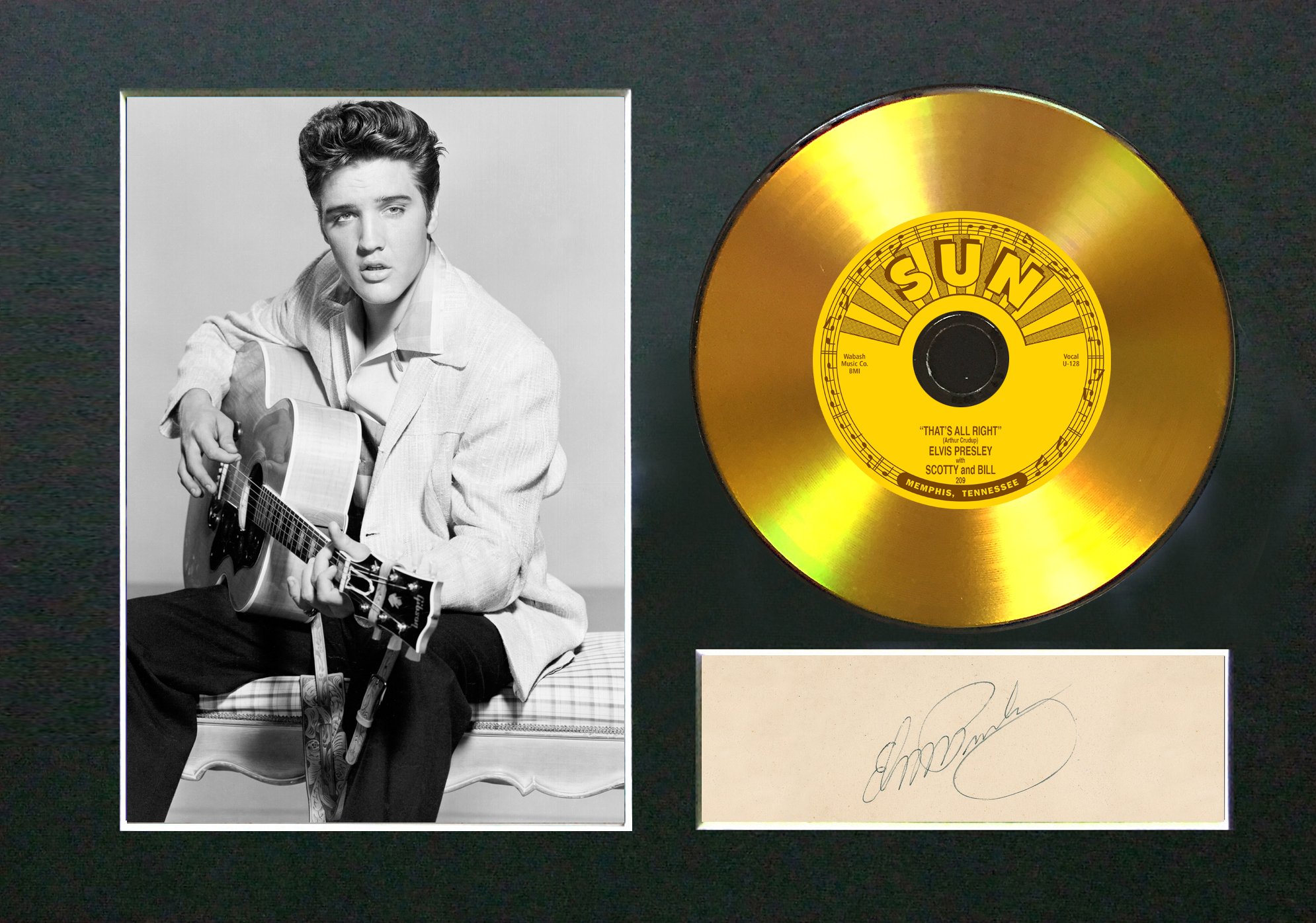 The Autograph Collector Gold,Black #131 Gold Disc Elvis Presley Thats All Right Signed Autograph Mounted Reproduction A4 Print (Mount & Print Only)