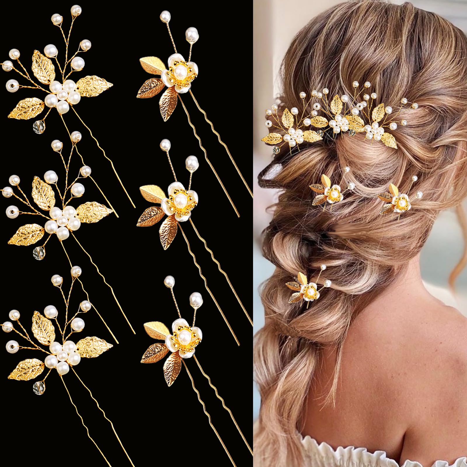 Dazzhues 6 Pieces Gold Leaf Hair Pins Bride Wedding Headpiece with Pearls Crystal Wedding Hair Styling Pins Vintage Flower Hair Jewelry Hair Germs Gold Prom Hair Accessories for Brides Bridesmaids