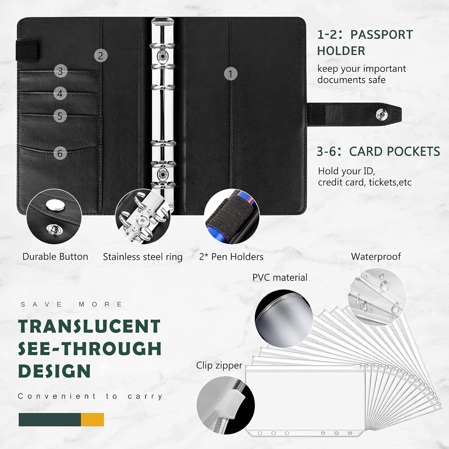 Budget Binder with Zipper Envelopes - Cash Envelopes for Budgeting, Money Organizer For Cash, A6 PU Leather Binder with Pen, Expense Trackers, Lable Stickers : Office Products