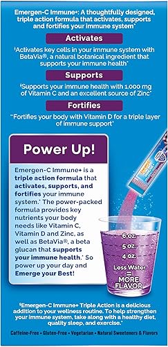 Miniatura 10 de Emergen-C Immune+ Apoyo Inmunológico de Triple Acción en Polvo, BetaVia (R), 1000 mg de Vitamina C, Vitaminas B, Vitamina D y Antioxidantes, Baya de