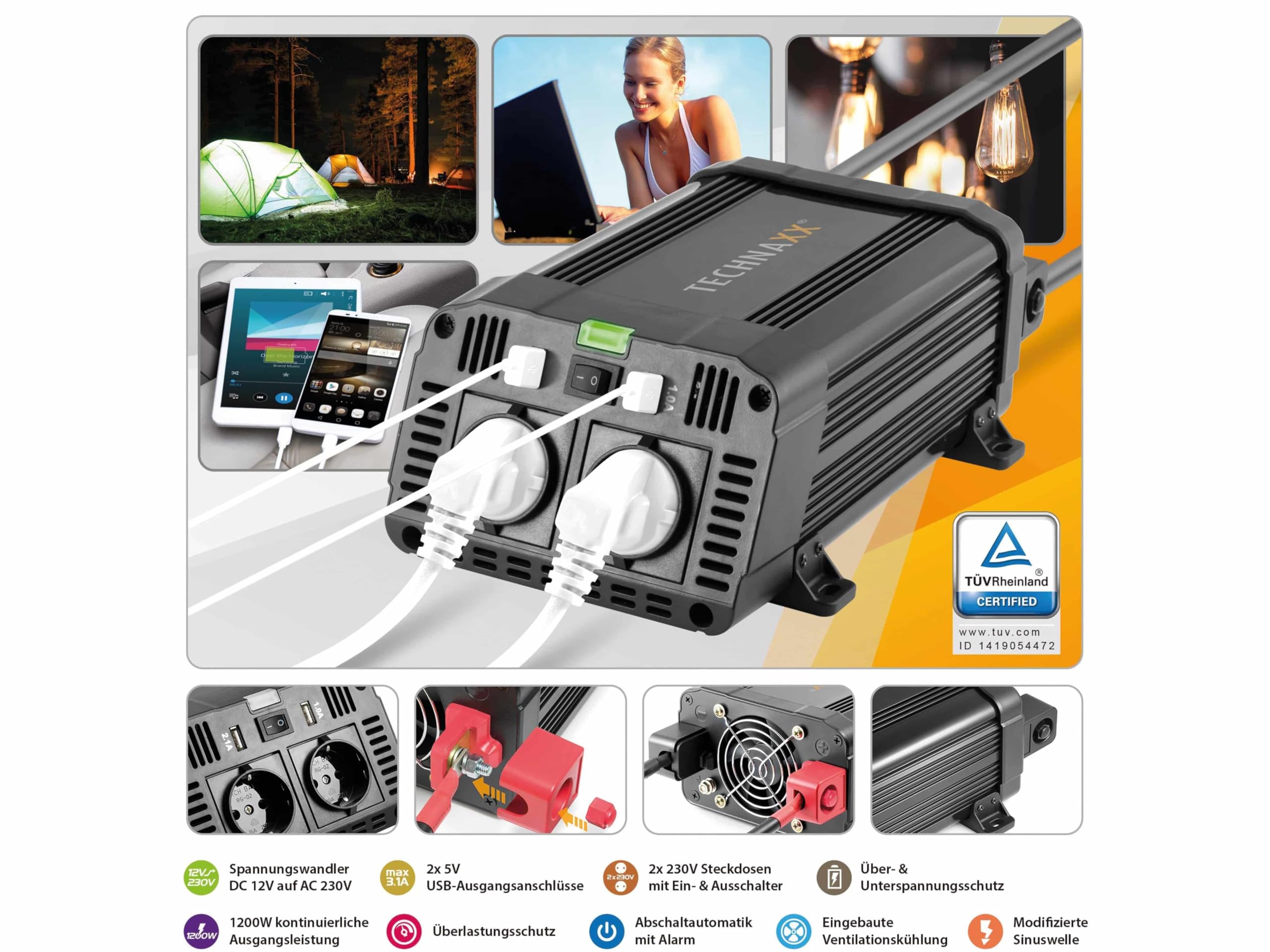 Technaxx Falownik samochodowy 12 V na 230 V – certyfikowany przez TÜV Rheinland inwerter samochodowy z 2 wtyczkami Schuko i 2 x portem USB – Power 1200 W / 2400 W (końcówka) – przetwornica napięcia