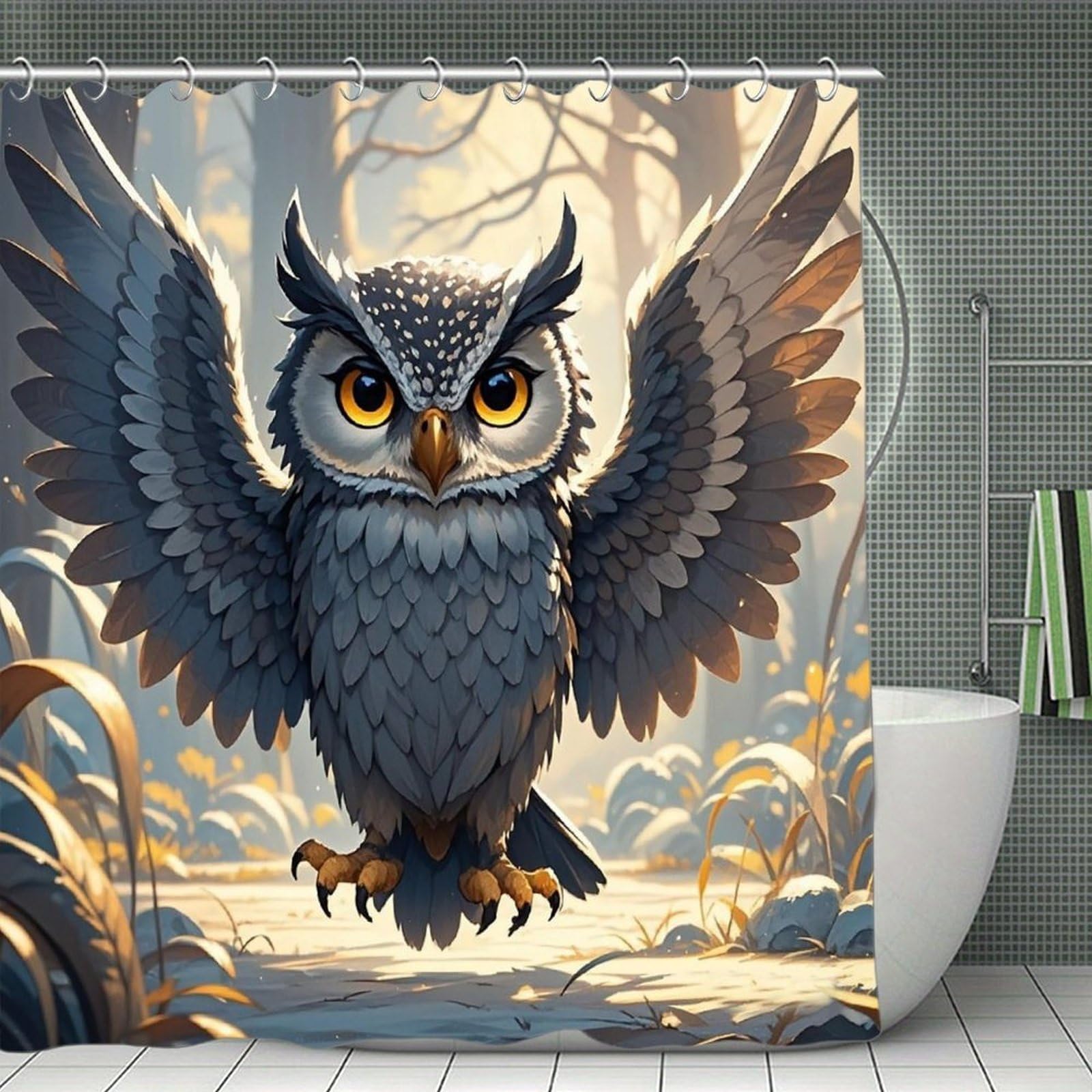 FekiLoot Anime Owl Shower Curtain Minimalist Aesthetic Bath Curtain with Hooks Simple Water Resistant Bathroom Shower Curtains Cute Blackout Privacy Curtains Cloth Curtain