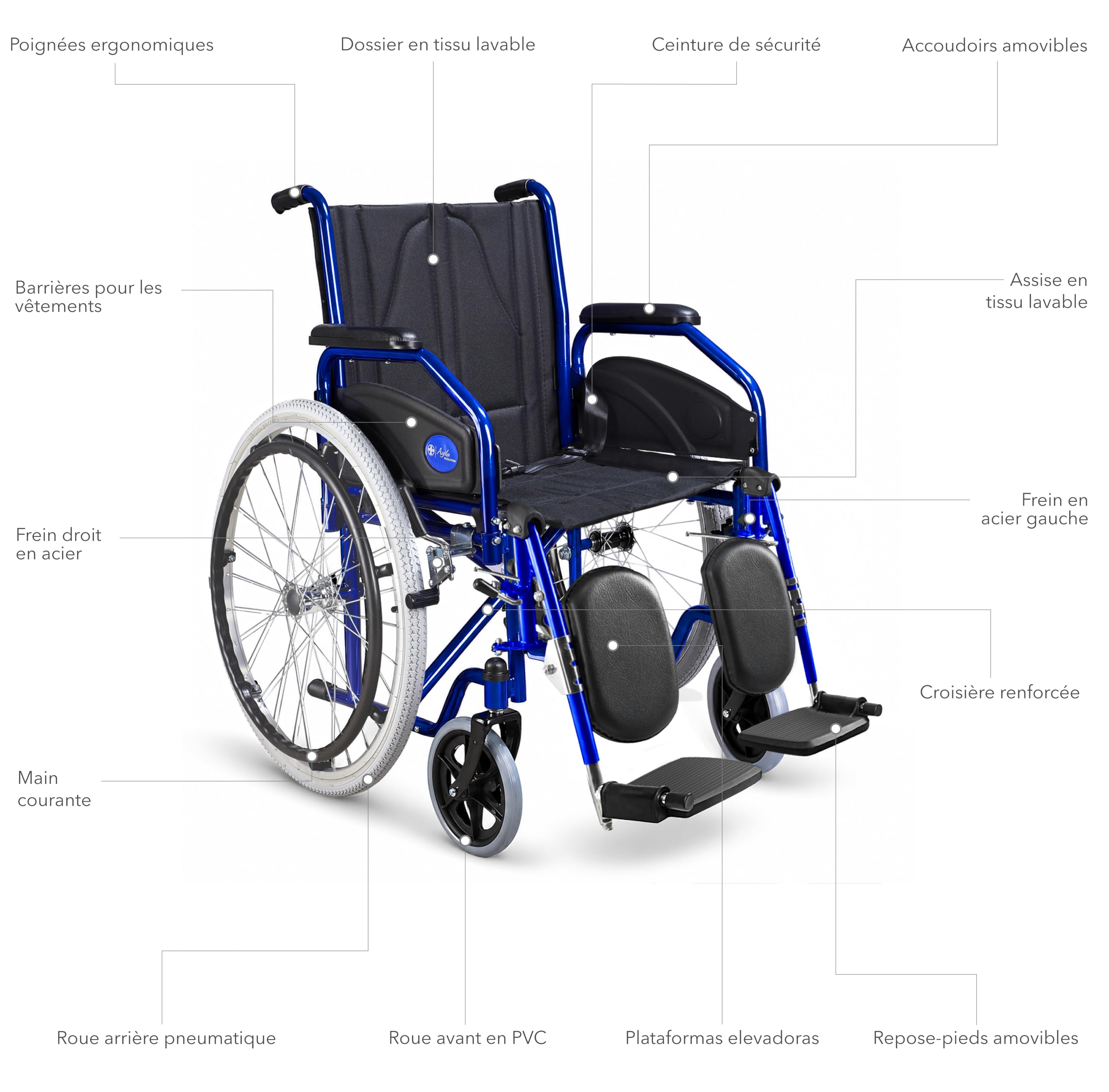 AIESI® Fauteuil Roulant pliable léger avec repose-pieds élévateurs et réglables AGILA EVOLUTION PLUS, Accoudoirs amovibles, Ceinture de sécurité, Pompe de gonflage, Garantie 24 mois