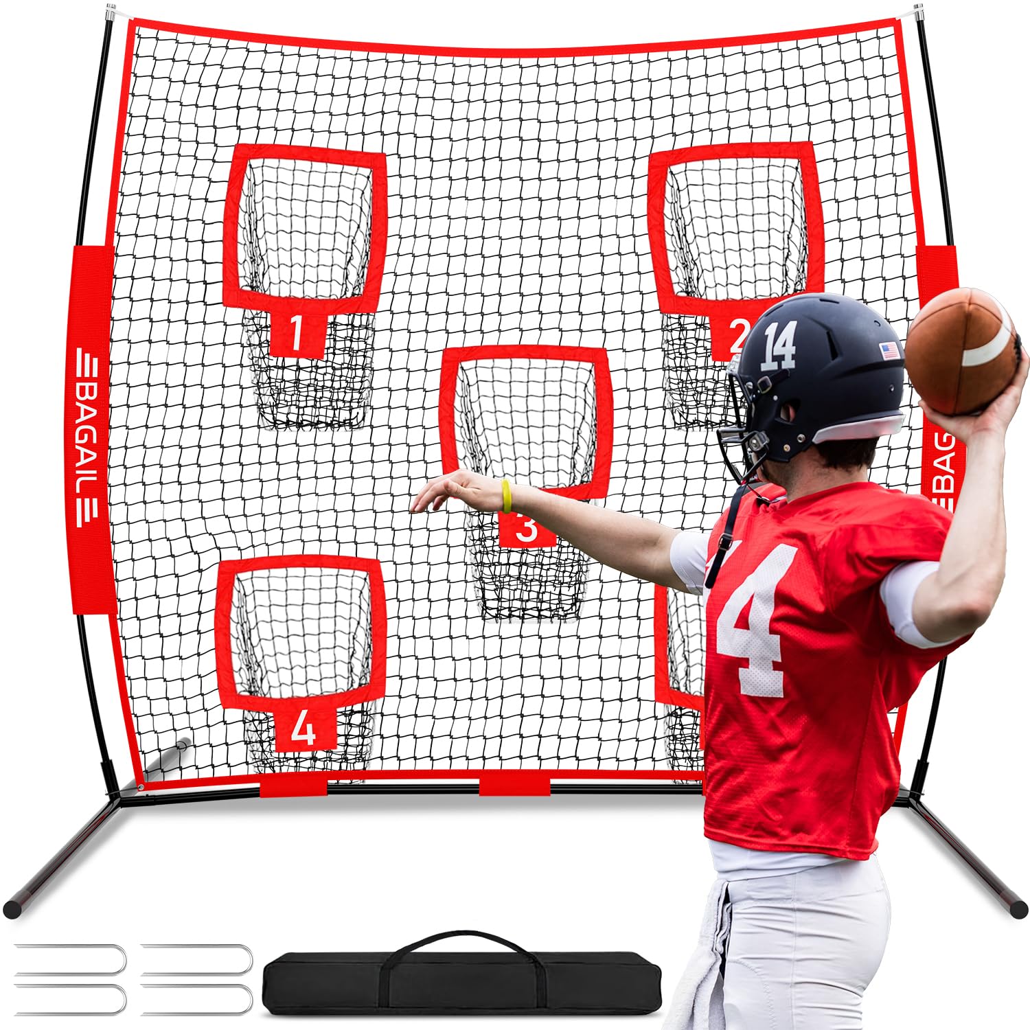 BAGAIL Football Throwing Net - 5 or 9 Target Pockets, Easy Setup, Heavy-Duty - Portable QB Accuracy Trainer, Fun Target Practice Net for Football with