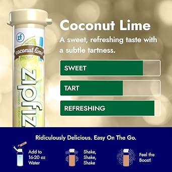 Zipfizz Energy Drink Powder, 20 Pack Electrolyte Mix with B12- Coconut Lime | Hydration tubes with vitamin drink benefits, 100mg caffeine, B12, electrolytes, no artificial sugar for active lifestyle