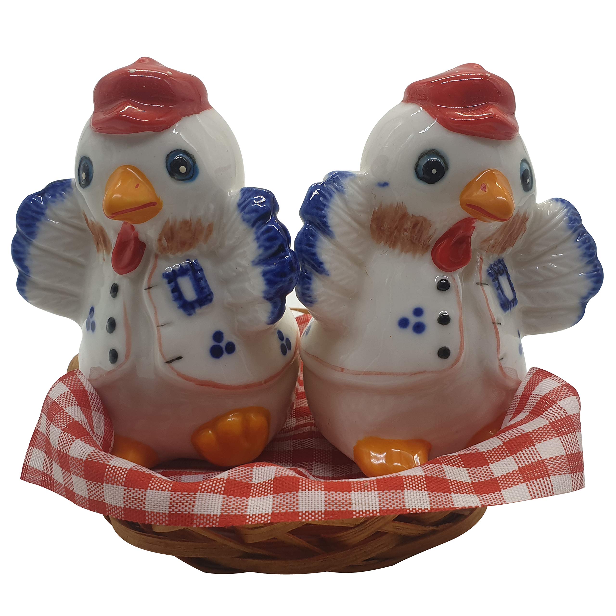 Duck Shaped with hat' Dining Table Salt and Pepper Shakers, 2 Pieces with Cane Basket