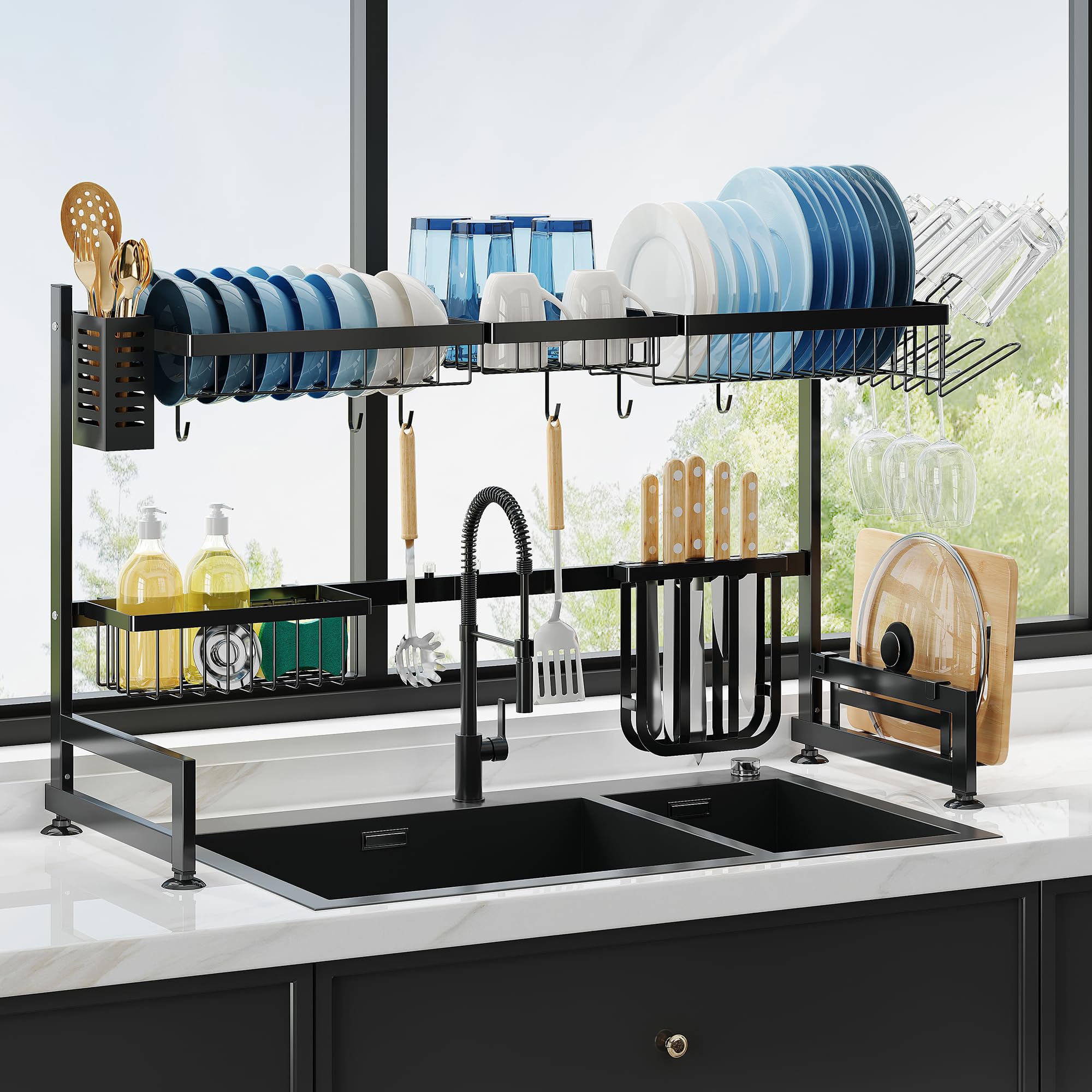 romision Over Sink Dish Drying Rack, 2-Tier Adjustable Length(33.5-40 in) Large Stainless Steel Dish Rack Over Sink, Multifunctional Kitchen Organizer, Space Saving Kitchen Sink Drying Rack, Black