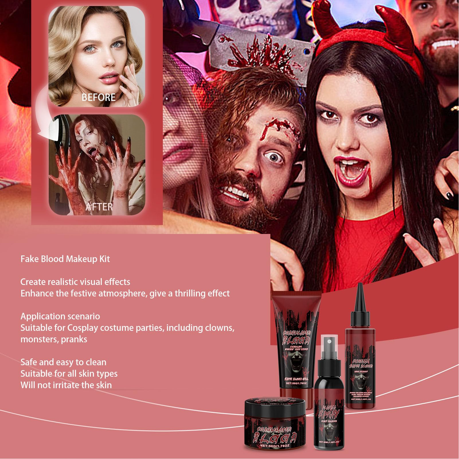 Realistic Makeup Fake Blood Kit, Special Effects Makeup Kit for Cosplay, Costume Parties, Includes Scream Fake Blood, Blood Gel, Coagulated Blood & Blood Spray (4Pcs Set)