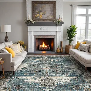 RUUGME 10x12 Area Rug Washable - Vintage Lightweight Rugs for Bedroom Soft Area Rugs for Living Room Stain Resistant Carpet with Non Slip Backing Indoor Ultra-Thin Rugs Home Decor 10x12 Blue