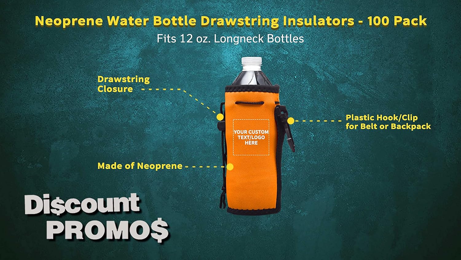 100 Neoprene Water Bottle Drawstring Insulators Pack - Customizable Text, Logo - 12 oz. Longneck, Hook - Neon Orange