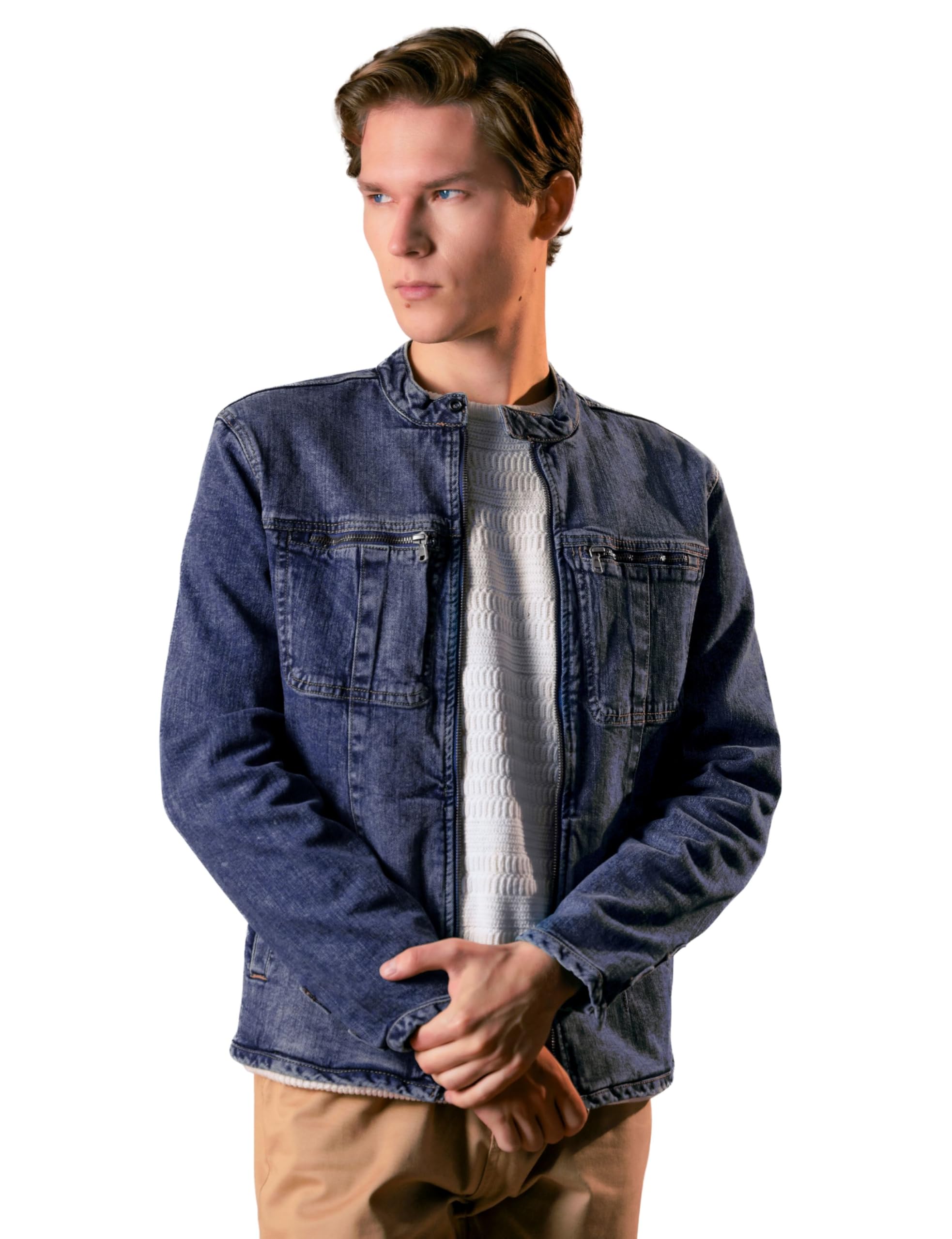 Enorsia Men's Mid Blue Biker Denim Jacket - Uk L
