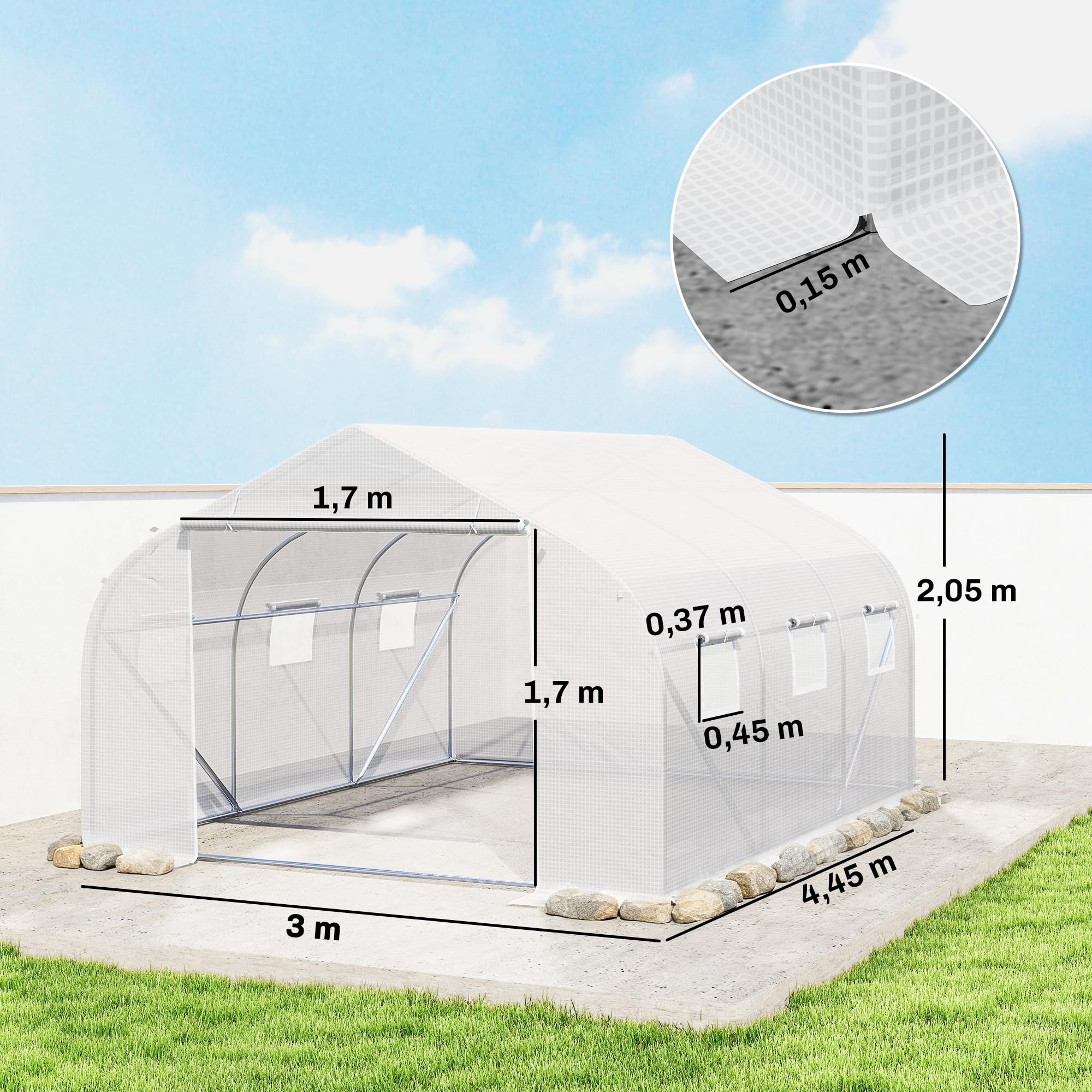 Outsunny Foliengewächshaus, 4,45 x 2,99 x 2,05 m Gewächshaus, Tomatenhaus mit UV-Schutz, Mesh-Fenster, Winddichtes Treibhaus für Garten, Balkon, Metall, Weiß