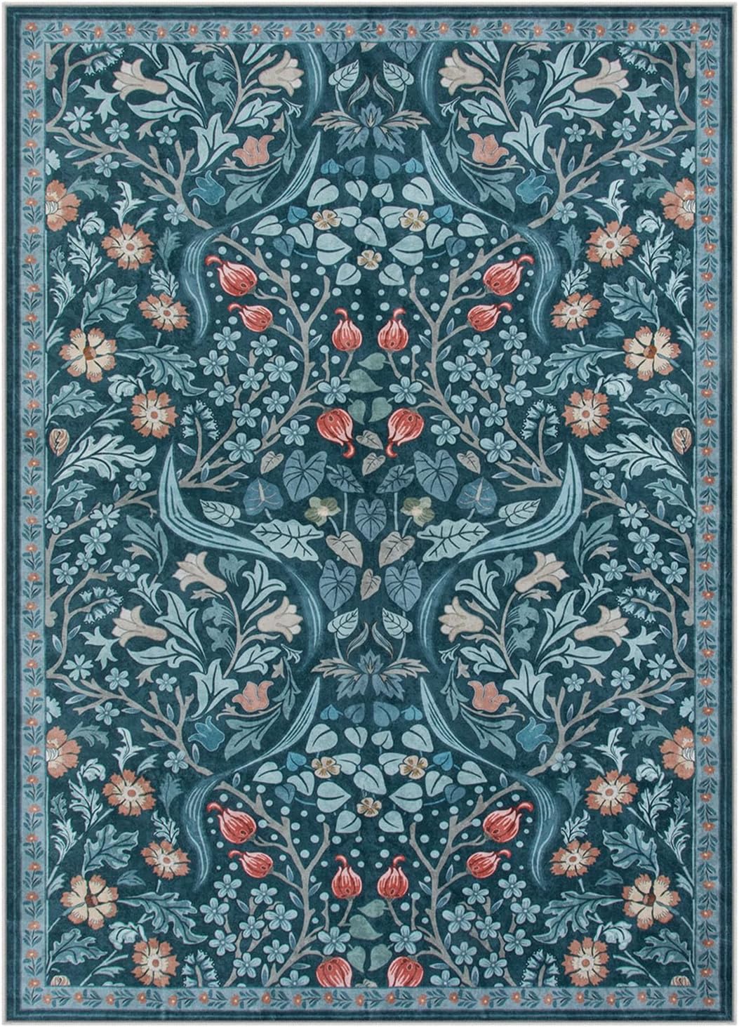 Moynesa Floral Washable Rug, Boho 5x7 Area Rugs for Living Room, Non Slip Large Dining Room Rug Under Table, Botanical Ultra Thin Floor Carpet for Bedroom Home Office, Teal