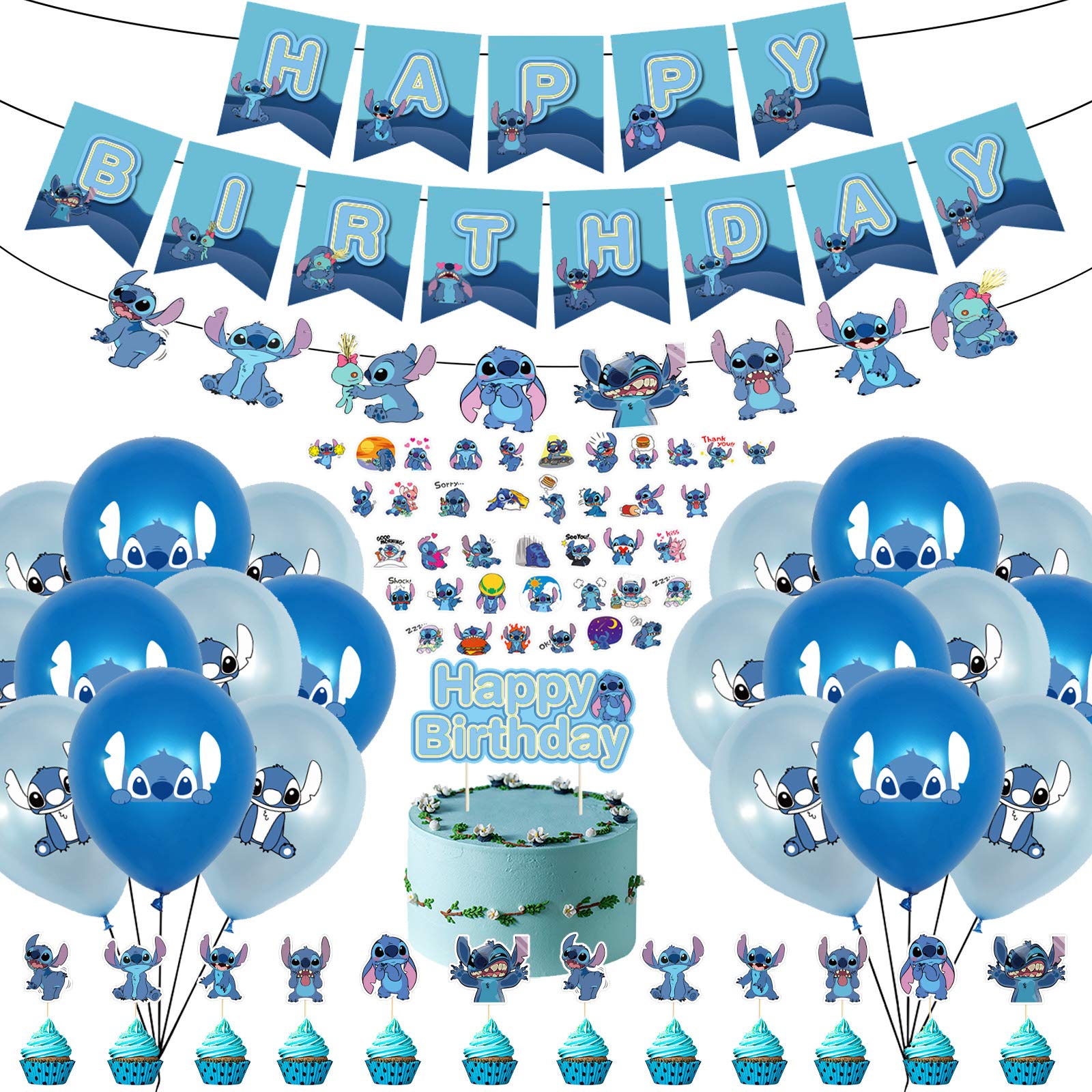 78Pcs Birthday Party Supplies For Lilo and Stitch Includes Birthday Party Banner - Cake Topper -Lilo and Stitch Banner - 12 Cupcake Toppers - 12 Balloons - 50 Stitch Stickers