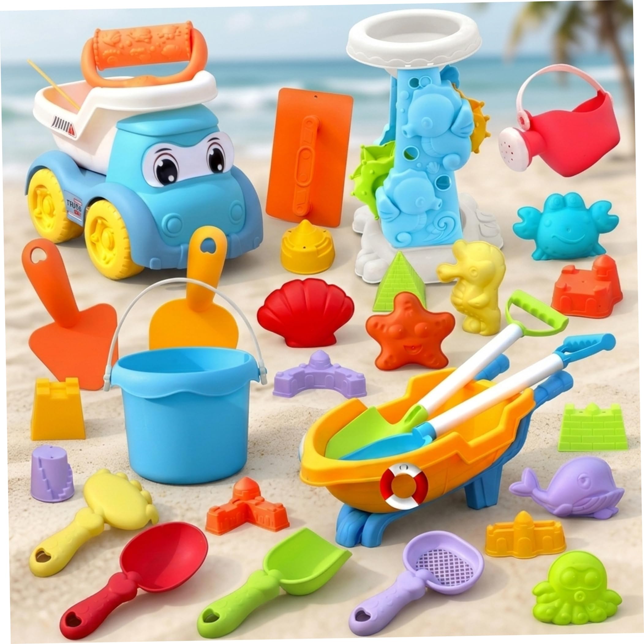 Sandstrandspielzeug, Sandspielzeug für Kinder, 30-teiliges Kinder-Strandset – Schaufel, Wagen, Eimer und Formen für Wasser- und Schneespiele, bunt