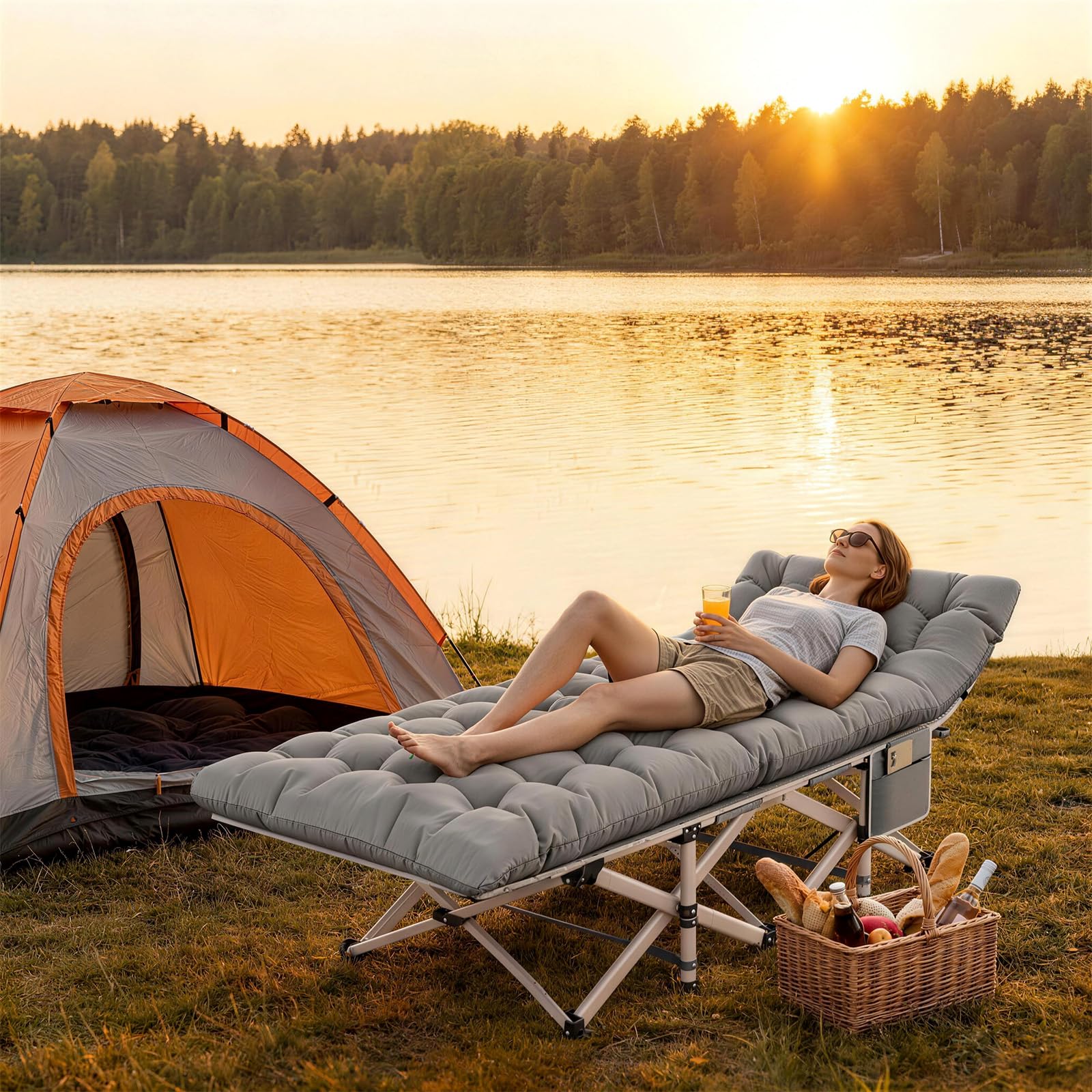 Lit de Camp Pliable avec Matelas Réversible 2 en 1 -Été et Hiver, Lit de Pliable Confortable Charge Jusqu'à 200Kg pour Camping, Les Voyages, la Maison, Jardin, Gris