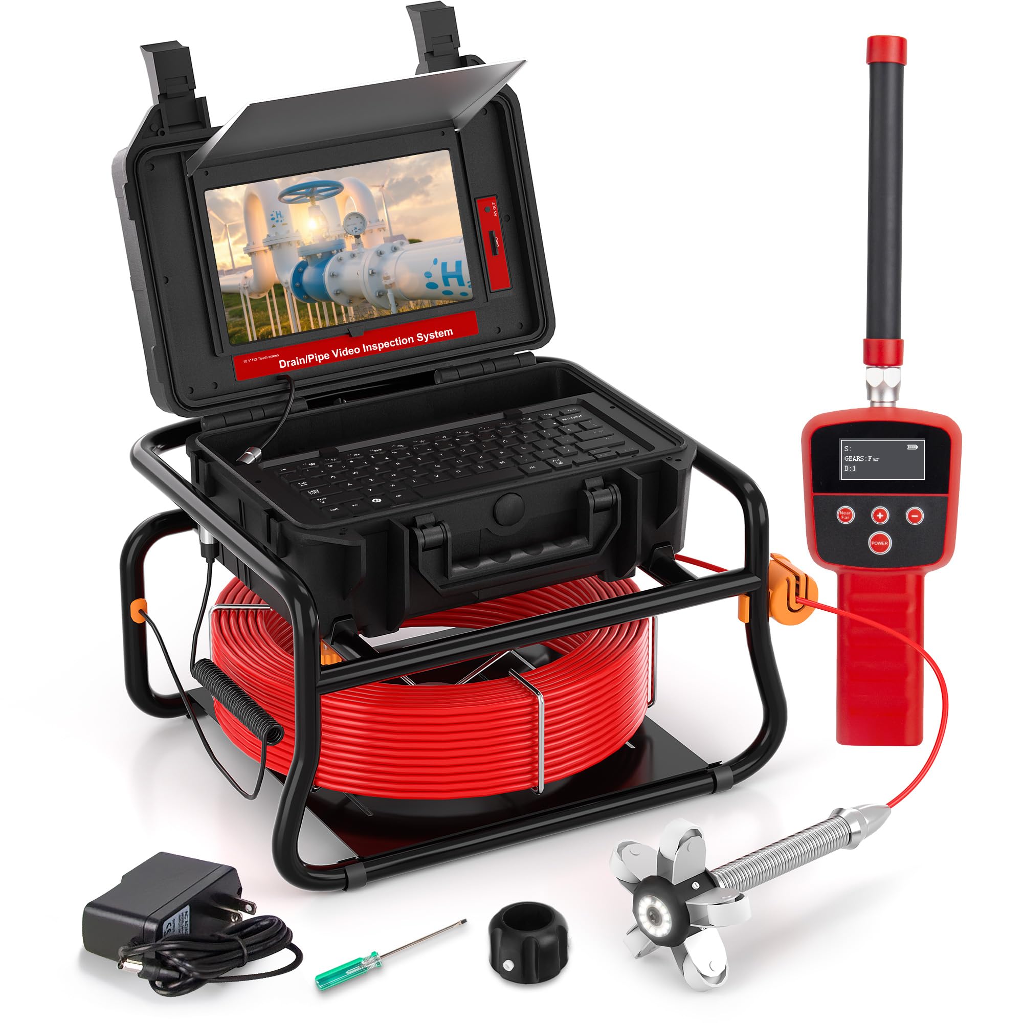 Camara Inspeccion Tuberias con Localizador de 512 Hz, Pantalla Táctil de 10.1 Pulgadas 1080P, Camara Tuberias con Autonivelación y Transmisor, Cámara de Inspección con Grabador de Audio