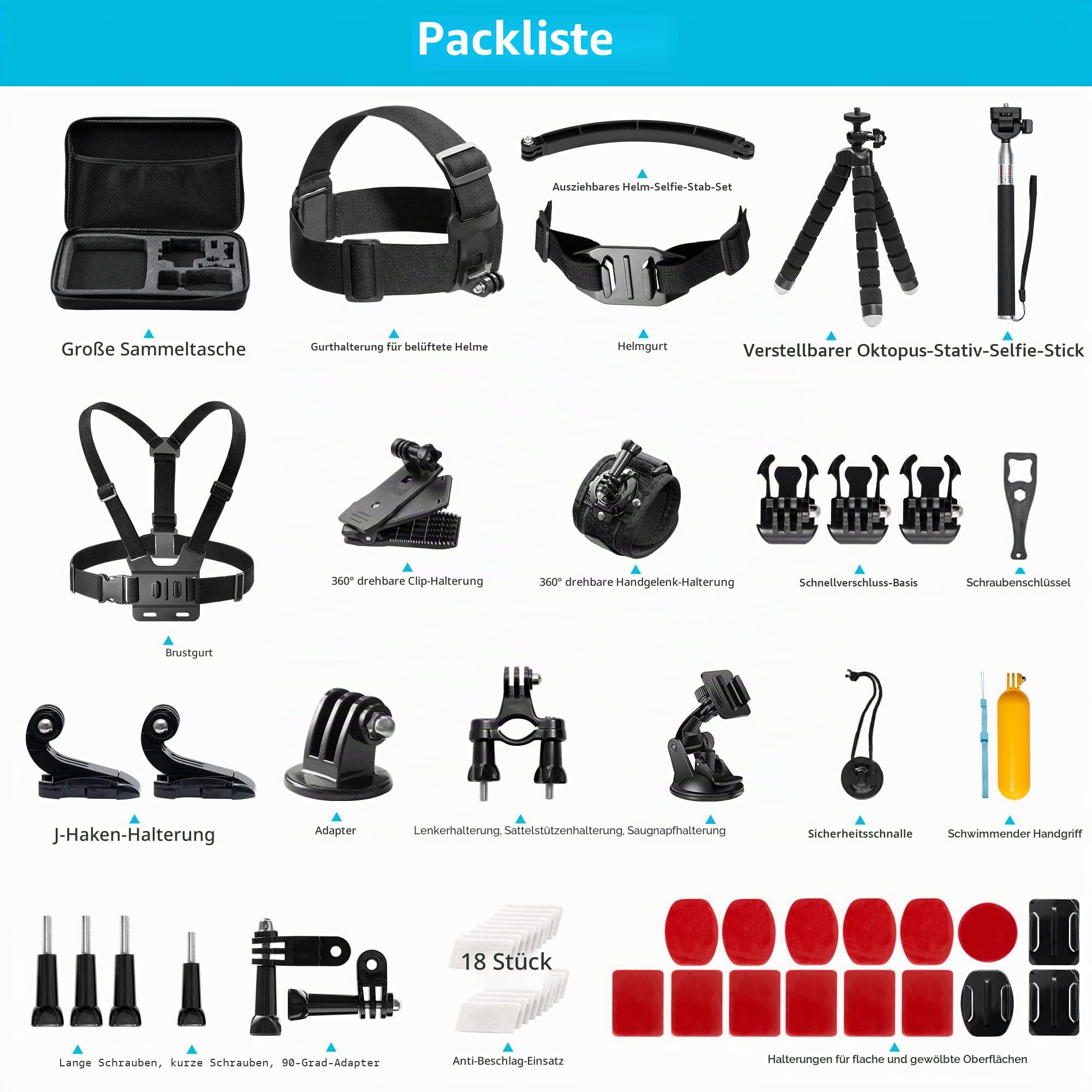 AKASO 60 in 1 Action Cam Zubehörset mit Sammeltasche, kompatibel mit EK7000/EK7000 Pro/Brave 4/Brave 4 Pro/Brave 7 LE/Brave 7/V50X/V50 Pro/V50 Elite/GoPro/DJI/Action Kamera
