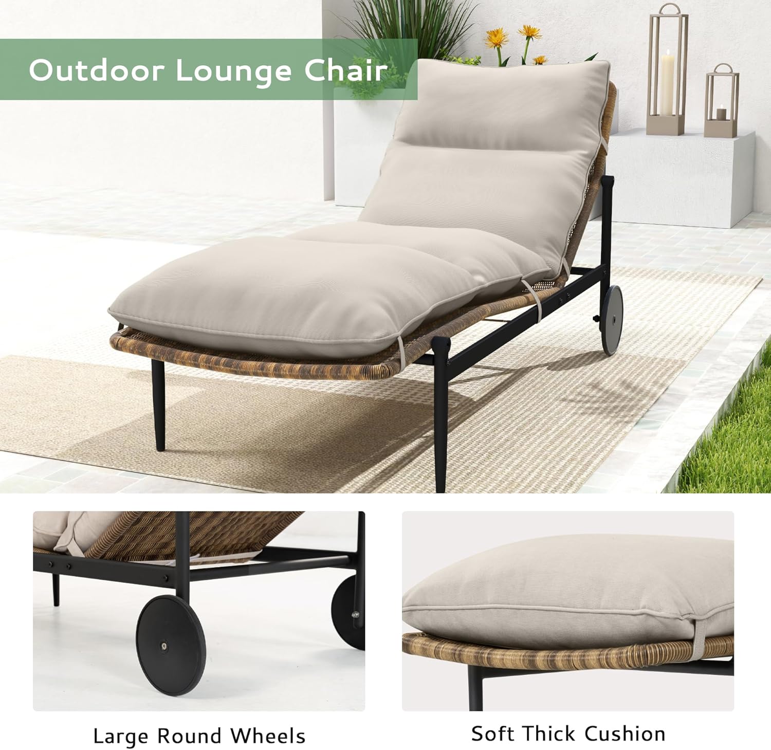 Chaise Lounge Chair Outdoor - PE Rattan Wicker Patio Pool Lounge Chair with Cushion and Wheels, Aluminum Waterproof Chaise Lounger for Poolside Backyard Deck Porch