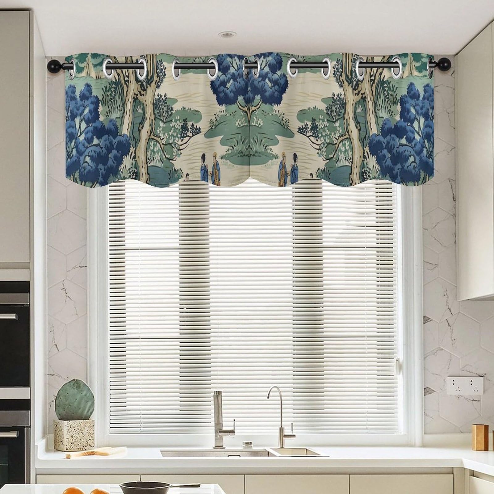 Cortinas de cenefa asiática azul y verde de 52x18, calidez y tradición en tu sala de estar