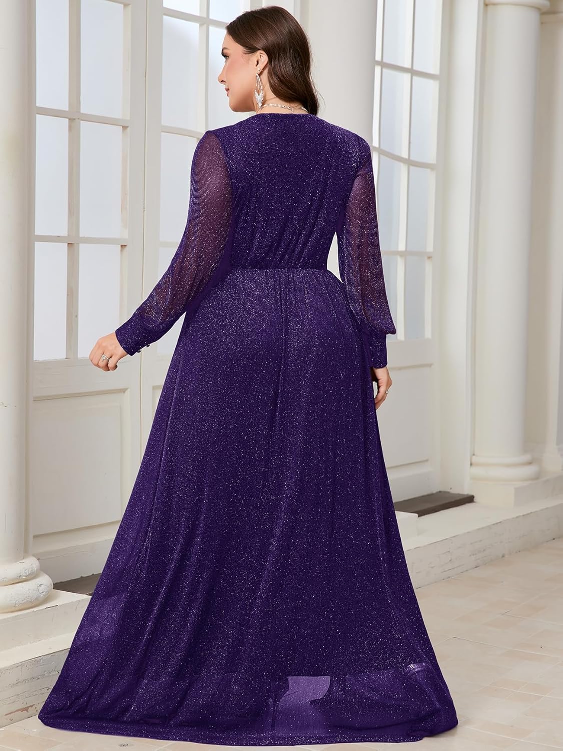 Plus Size Sparkly Formal Maxi Dress Long Sleeve Deep V-Neck Mesh Dresses with Slit Cocktail Wedding Evening Gown - Image 5