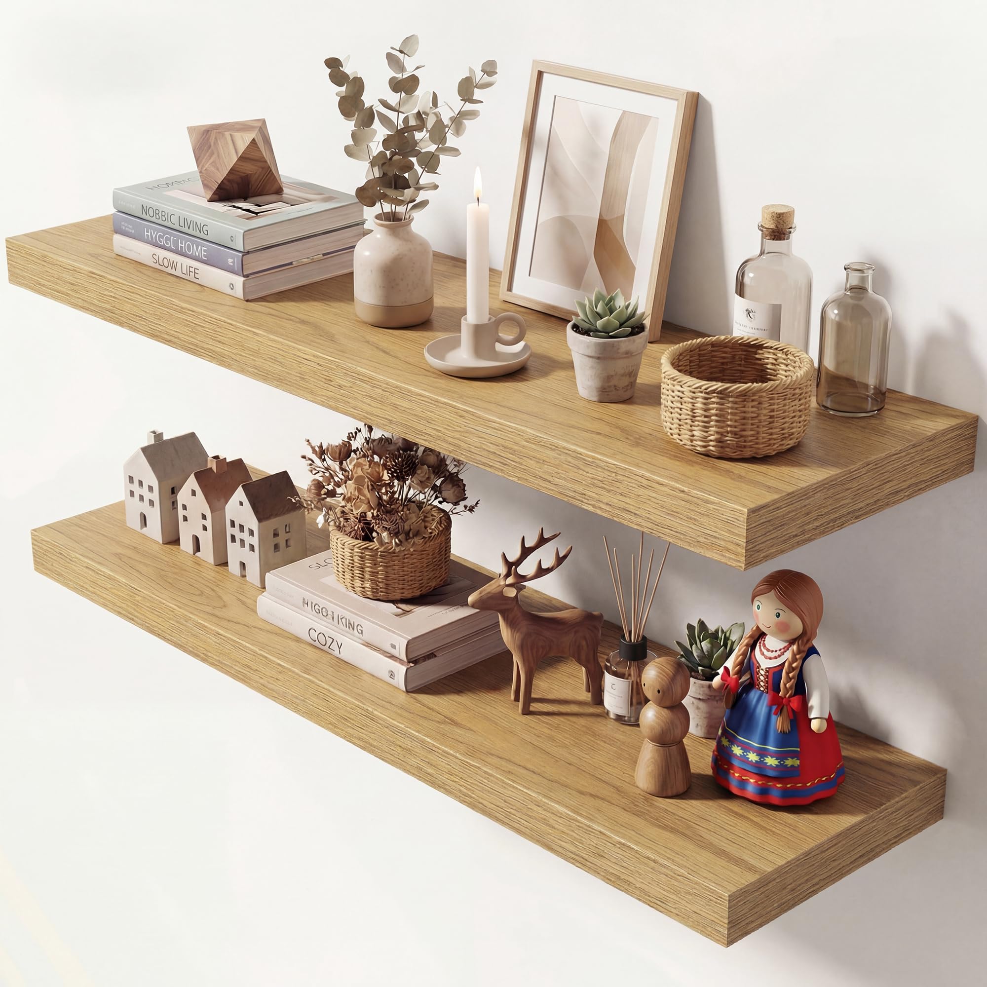 Dreamland 40 Inches Floating Shelves for Wall, 9.3" Deep Long Floating Shelves Set of 2, Large Display &amp; Storage Shelf, Wall Shelf for Bathroom Bedroom Living Room Kitchen Office, Oak