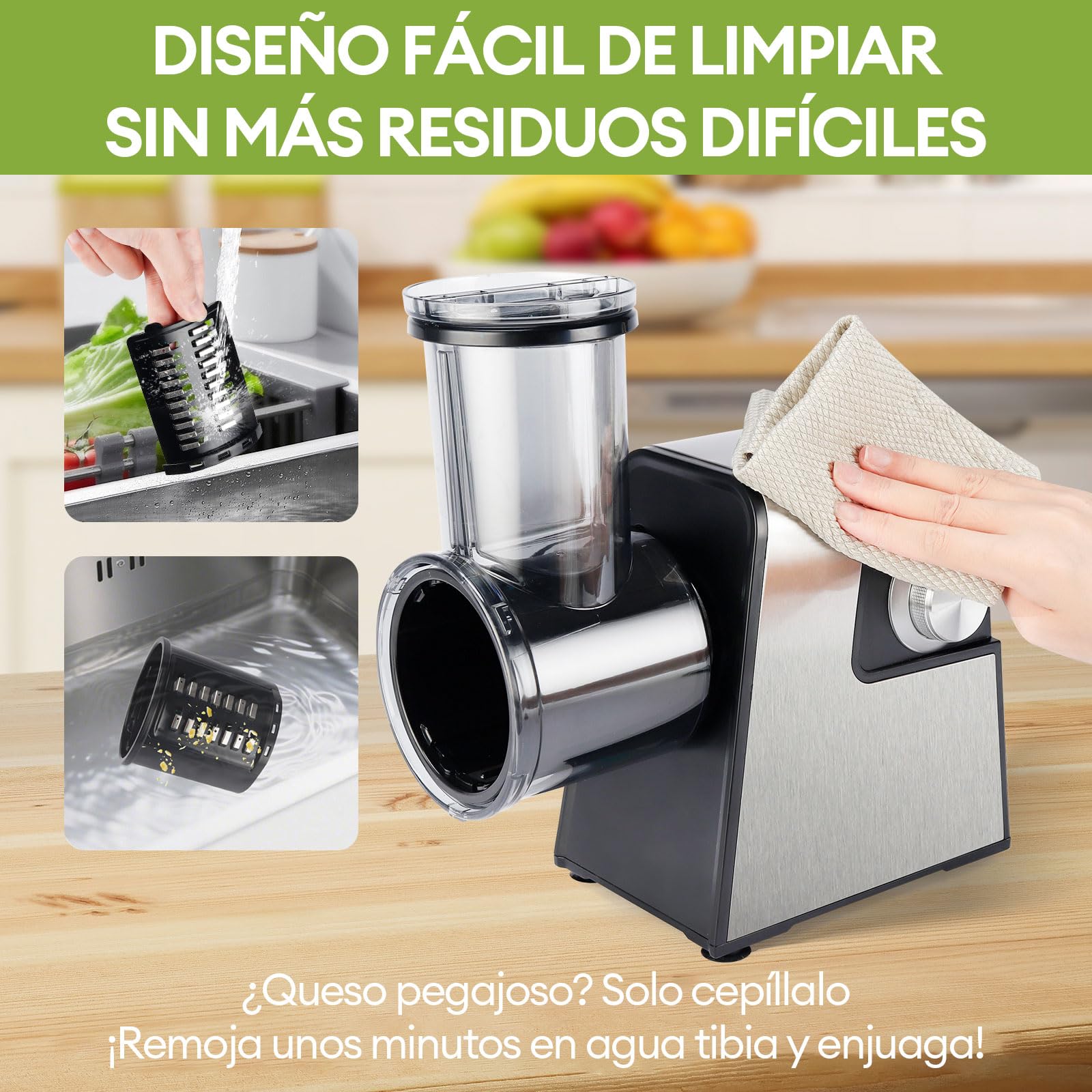 Rallador de queso eléctrico con 7 cuchillas de acero inoxidable para cortar rallador y triturar verduras frutas y nueces con un solo toque