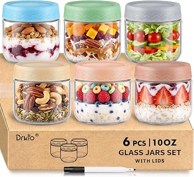 DRKIO 10 Oz Glass Overnight Oats Containers with Lids Chia Pudding Jars