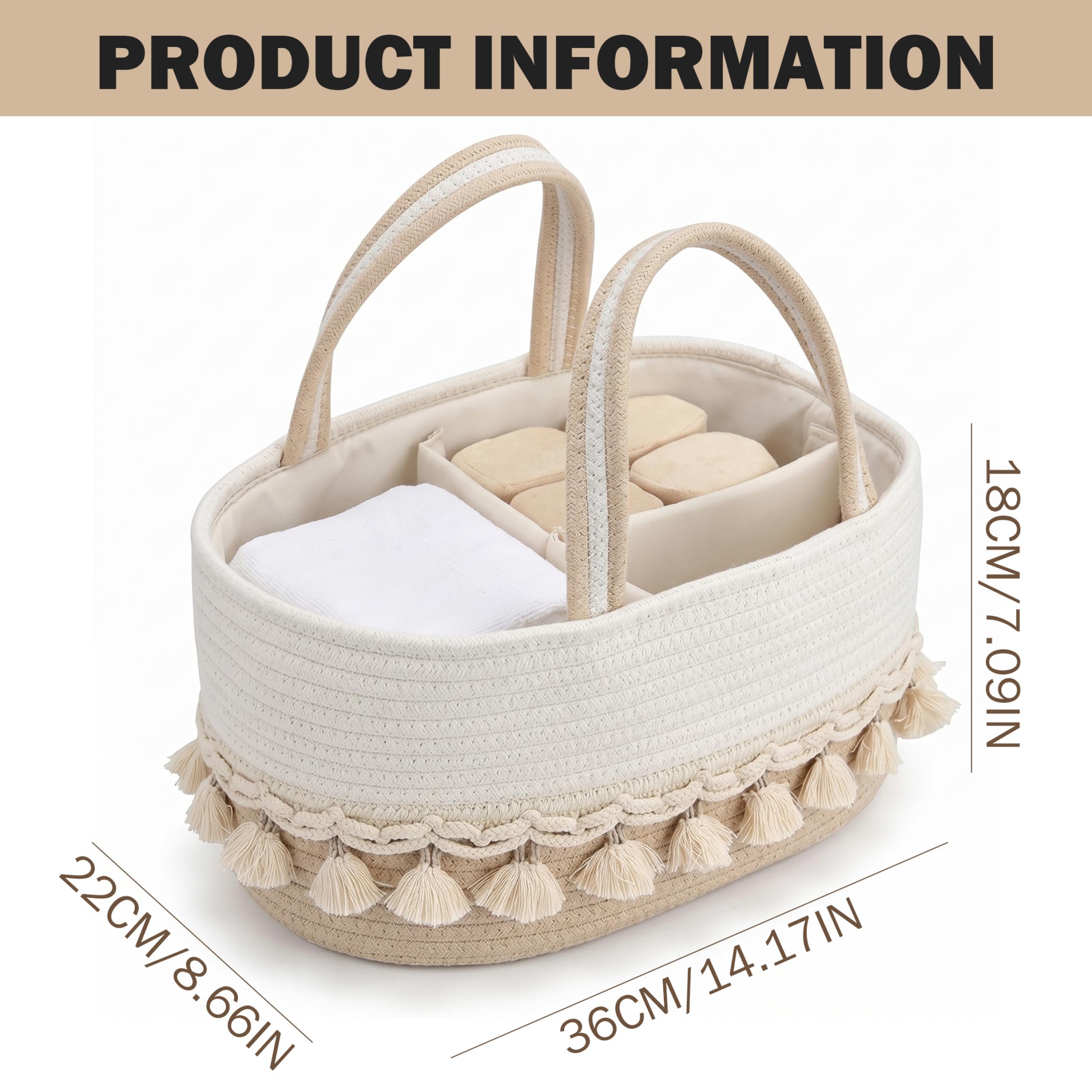 Organisateur de caddie à couches pour bébé avec séparateurs amovibles, panier de chambre d'enfant tissé à la main avec poignées pompons, kaki et blanc, 14, 17 x 8, 66 x 7, 09 pouces, organisateur c