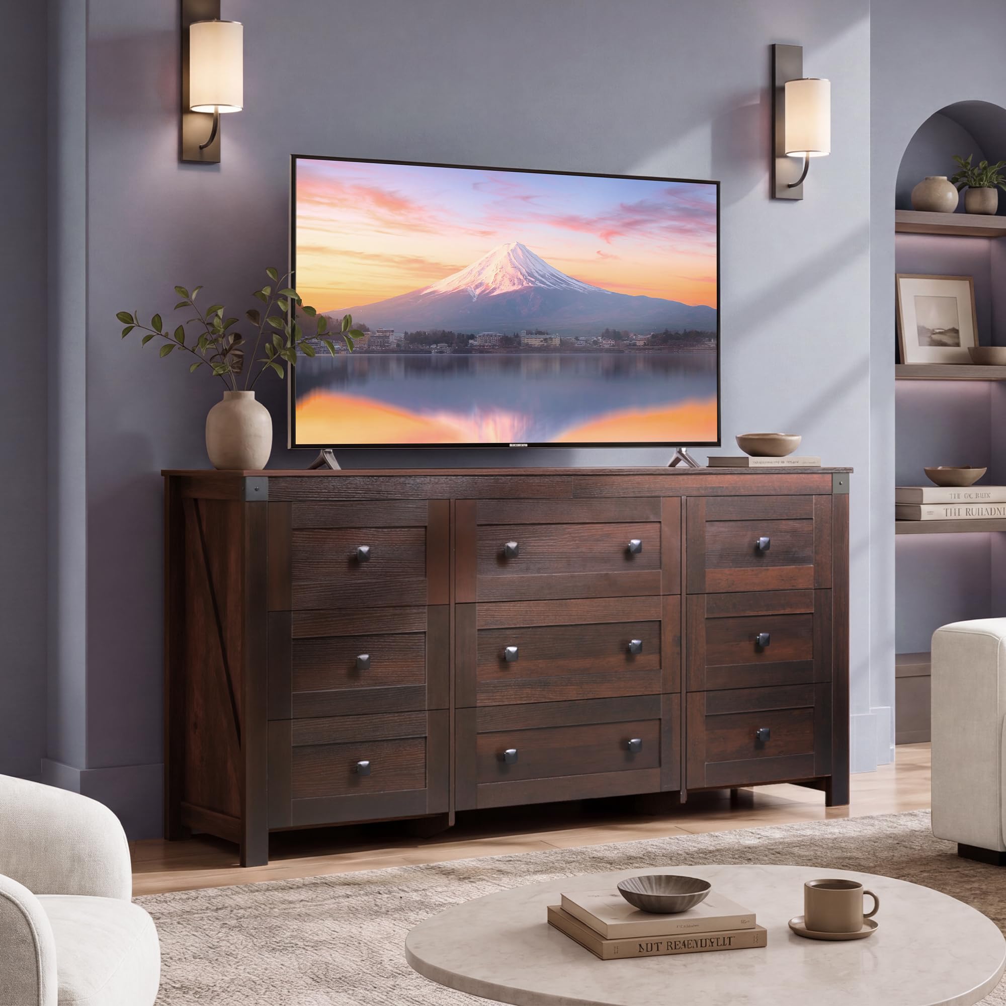 Condition photo showing As Is for 9-drawer 62.2"w farmhouse tv stand for tvs up to 70 inches, brown | 63-inch-wide wooden media console with nine drawers and ball-bearing slides for organized storage in living rooms or offices.