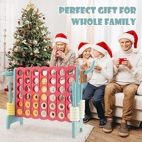 Miniatura 9 de Costzon Juego gigante gigante 4 en una fila, Jumbo de 4 en fila con aro de baloncesto, lanzamiento de anillo, 42 anillos jumbo, juego de conexión