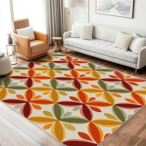Retro 70s Rugs 5x8 Rug Orange Yellow Checkered Area Rug Washable, Retro 70s Carpet Home Room Decor Rugs for Living Room Bearoom Kitchen Dorm