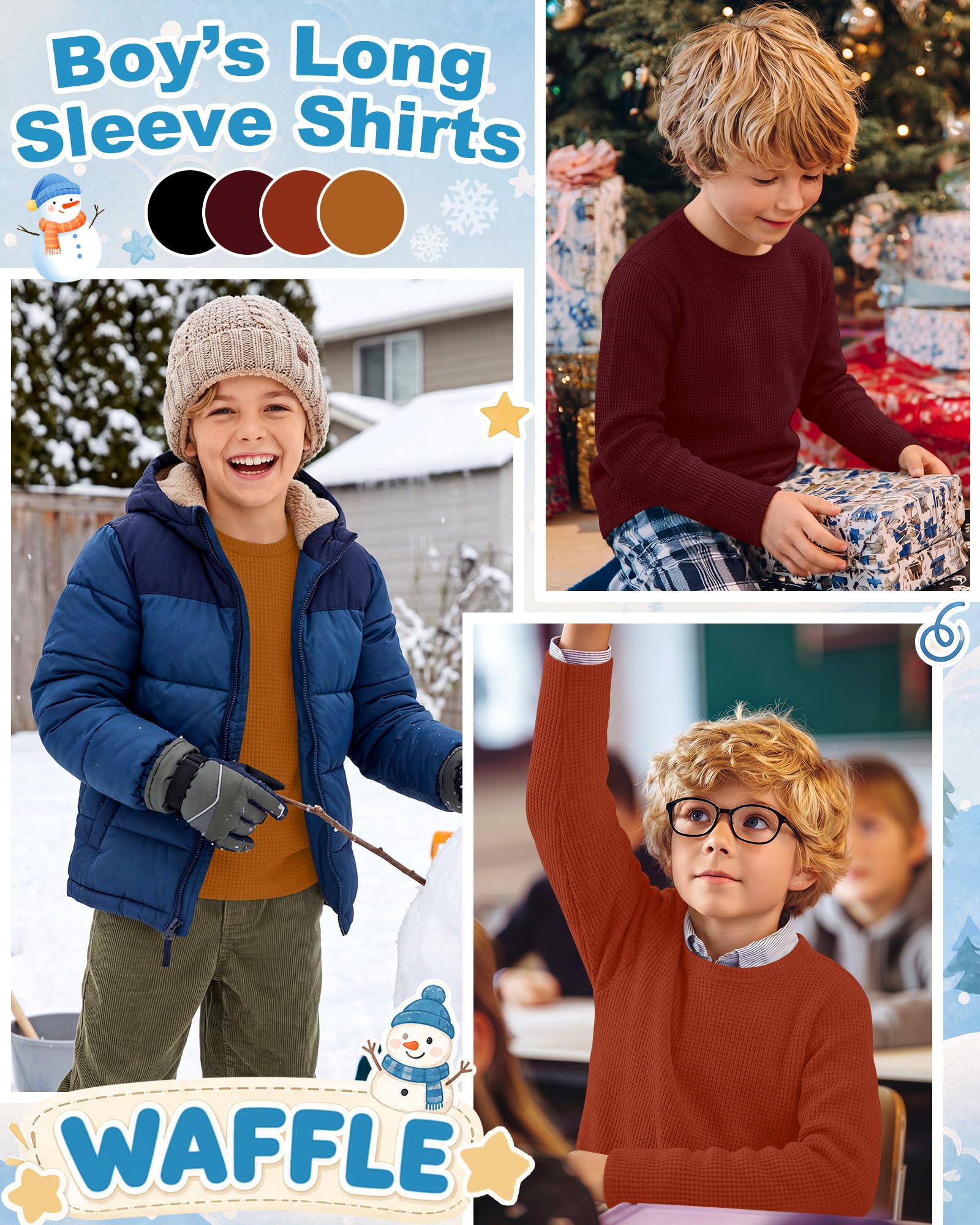 Clabby Lot de 4 T-Shirts Manches Longues Garçon, Col Rond, T-Shirts en Maille Gaufrée pour Enfants, Hauts Thermiques Bébé Garçon Décontractés