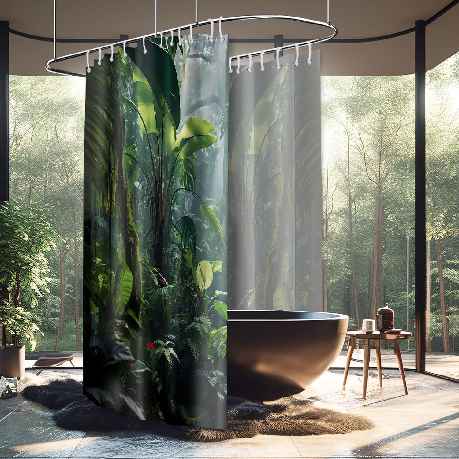 Rainforest Extra Wide Shower Curtain for Clawfoot Tub, 108" W X 72" L, Tropical Green Jungle Plant Scenery Bathroom Decor, Waterproof Cloth Fabric with Hooks