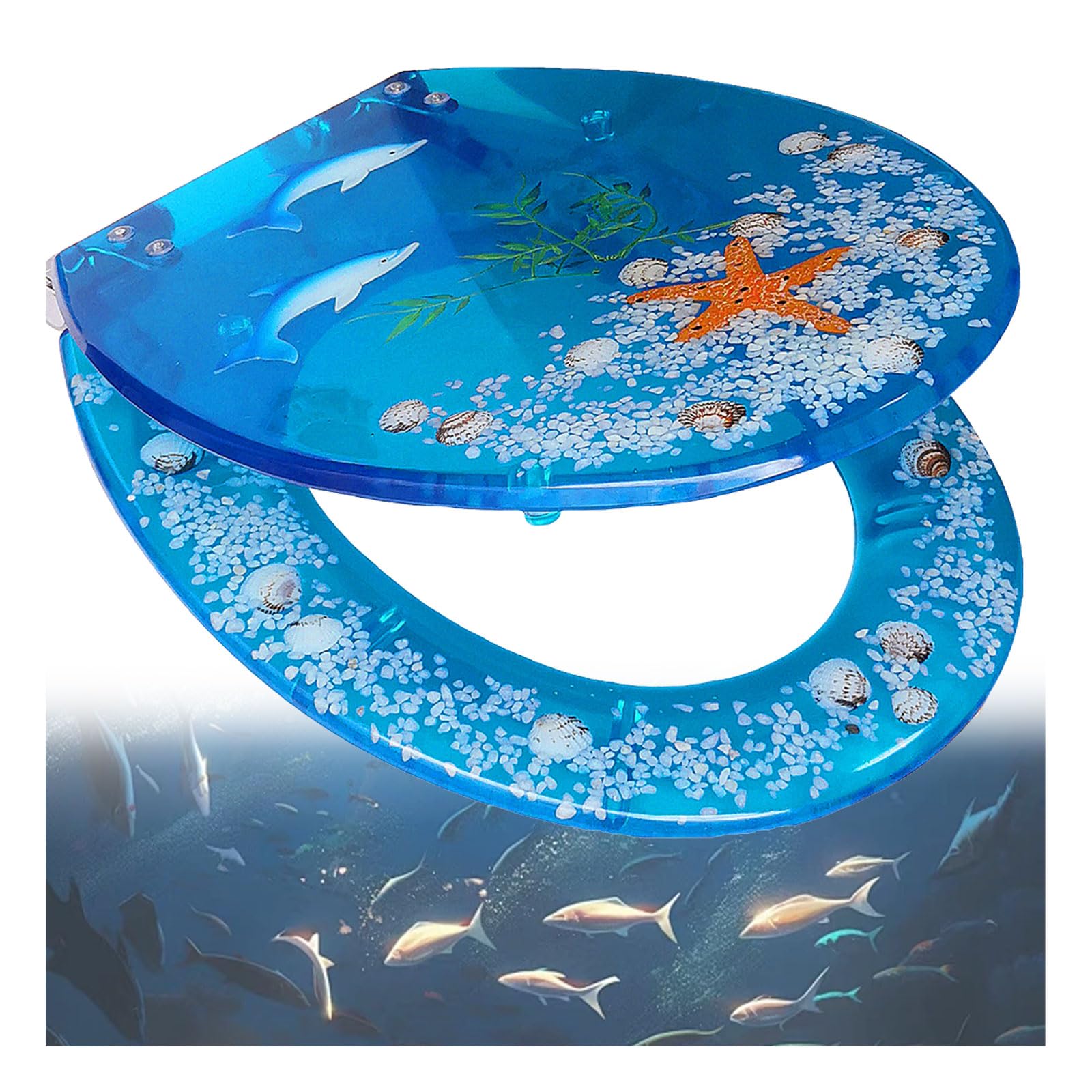 Bleu Abattant Wc, Wc Clipsable avec Couvercle En Coquillage Transparent, Siège En Résine Ocean Series, Facile À Nettoyer Et À Installer, Étoiles En Coquillage Bleu Clair