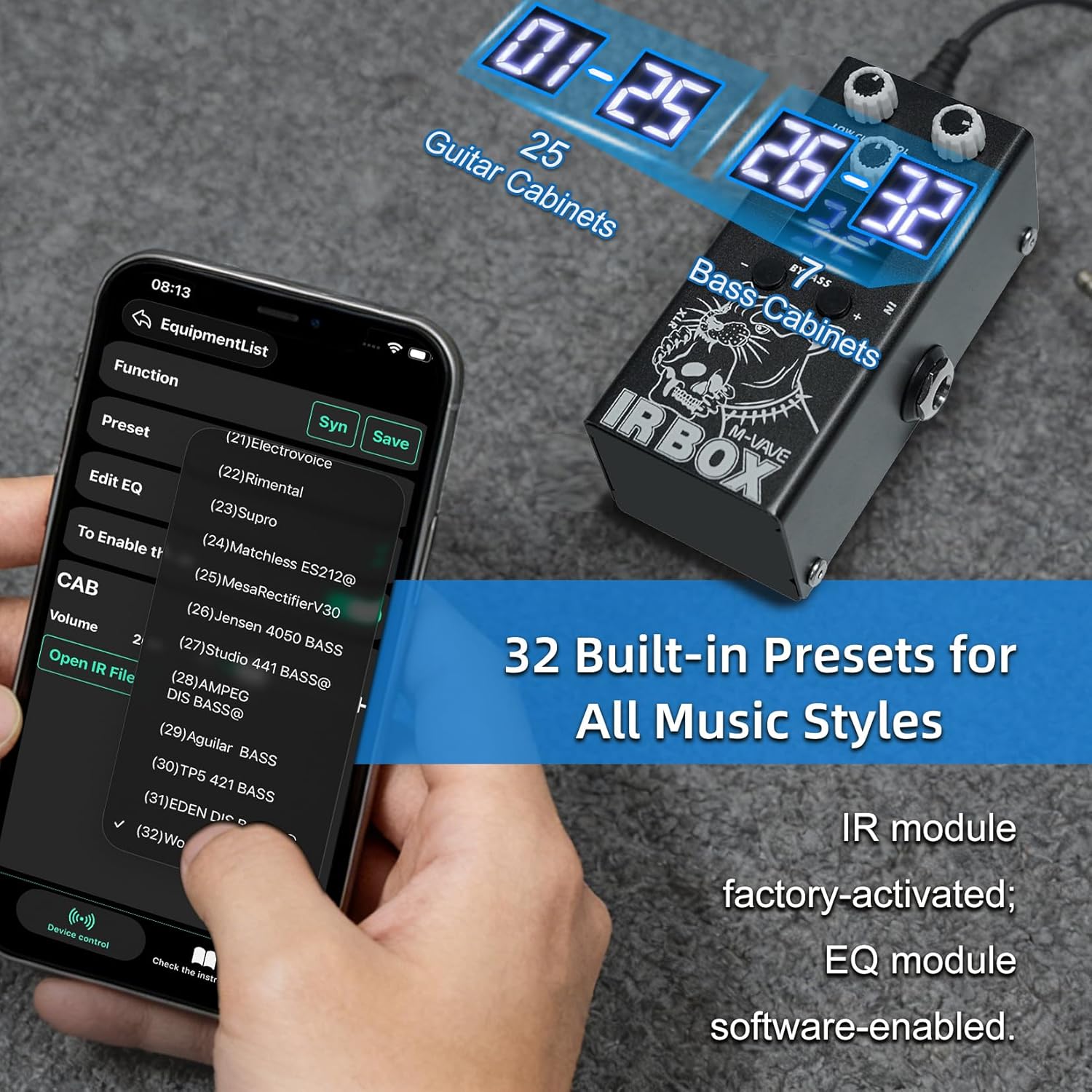 M-VAVE IRBOX Guitar/Bass Effects Pedal, Amplifier Simulation with 32 Presets, IR Cab Simulator, Digital, 9V, Black With APP