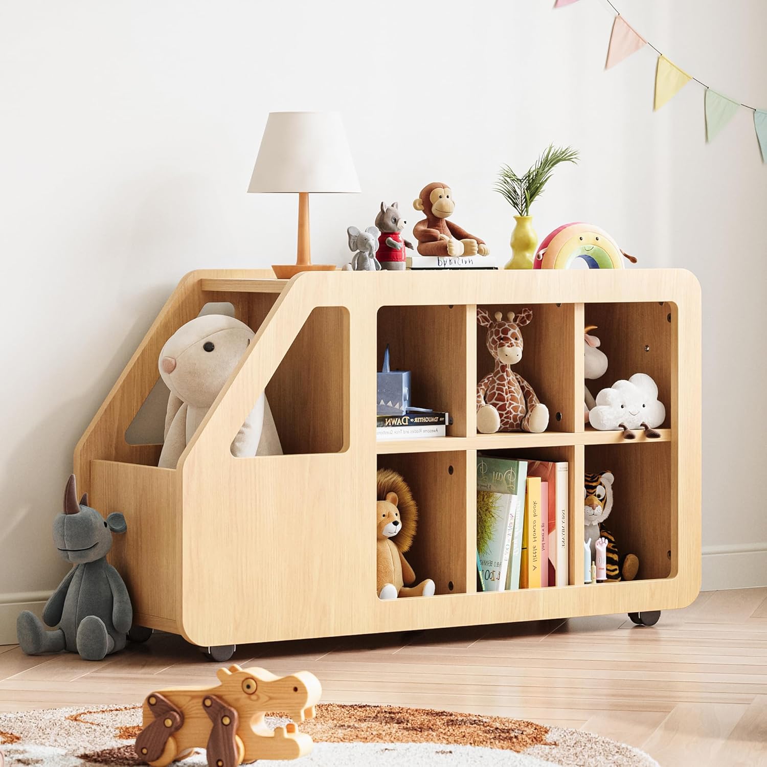 Toy Storage Organizer with Wheels, Car-Shaped Toy Chest with Open Shelf, Toy Storage Cubby, Movable Nursery Furniture for Playroom, Children's Room, Bedroom, Hallway, Natural