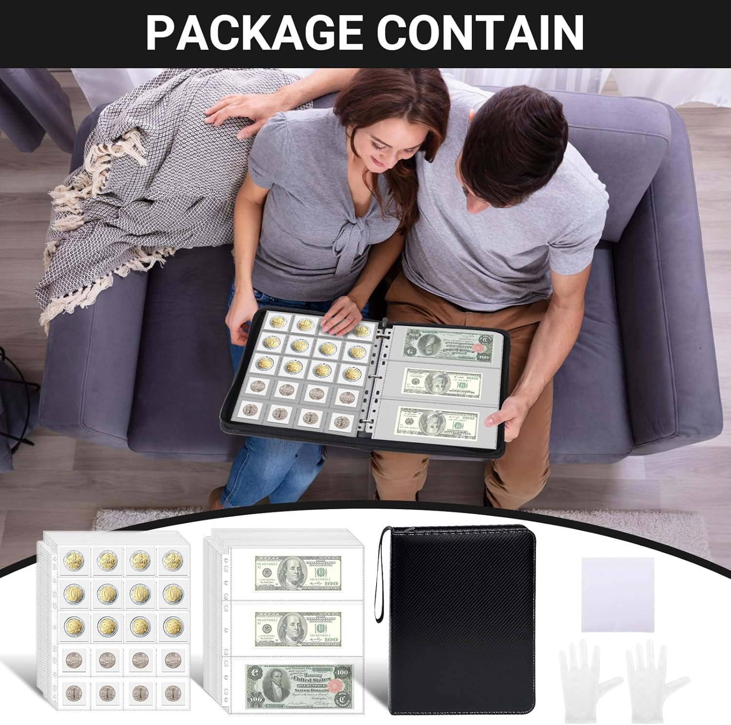 Portable Coin Collection Book - 600 Pockets Coin Holders for Collectors & 30 Pockets Currency Sleeves, Stamp Collecting Supplies Money Organizer for Cash Bill Penny Quarter Stamp, Black