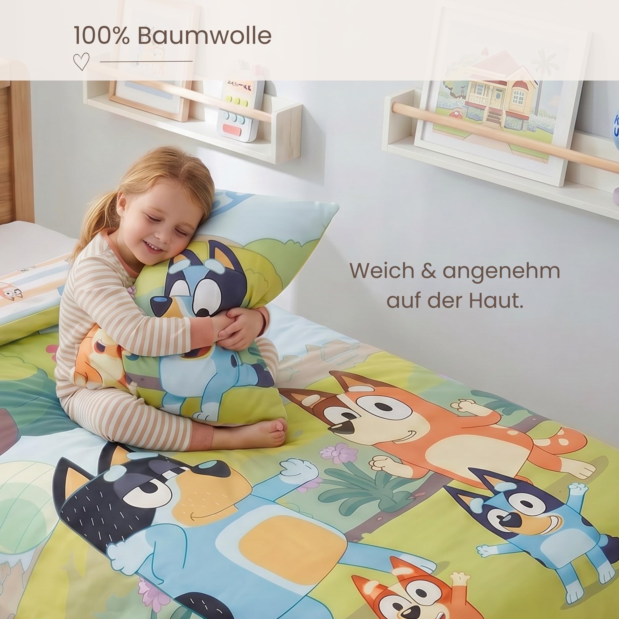 MTOnlinehandel Bluey Bettwäsche 135x200 Baumwolle für Mädchen und Jungen, Kinderbettwäsche, 1x Kissenbezug 80x80 + Bettbezug 135x200, Bingo & Bluey Geschenk