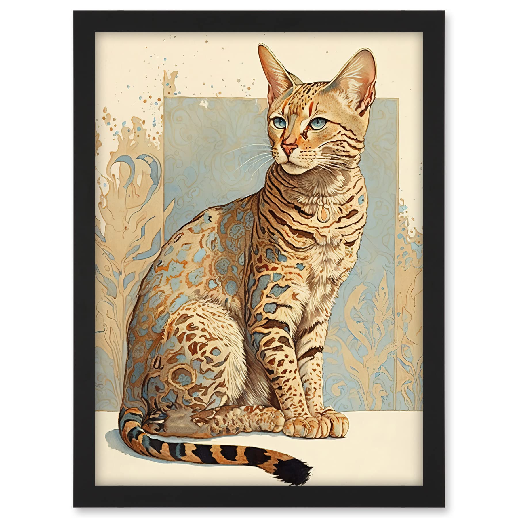 Artery8 Ocicat Cat with Turquoise Rosette Pattern Fur Modern Watercolour Illustration Artwork Framed A3 Wall Art Print