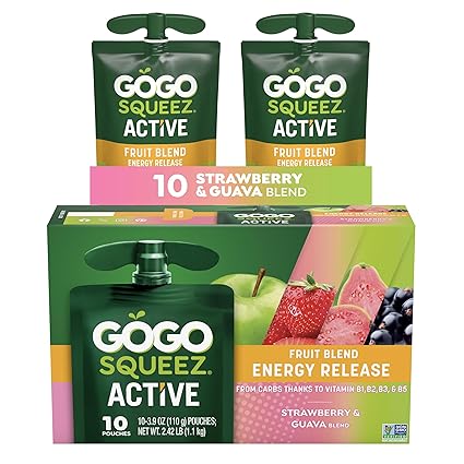 GoGo squeeZ Active Fruit Blend Energy Release | 10-Count Pack | Strawberry Guava | Made with Real Fruit and B Vitamins