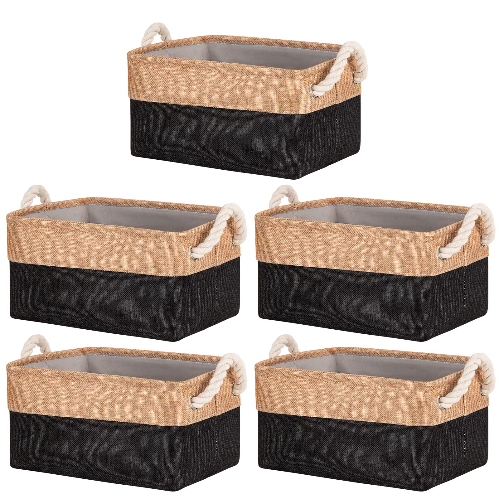 Lot de 5 paniers de rangement pour étagères avec poignées en corde de coton - Boîtes de rangement pliables en toile pour vêtements, jouets, produits de bureau (noir, 30 x 20 x 15 cm)