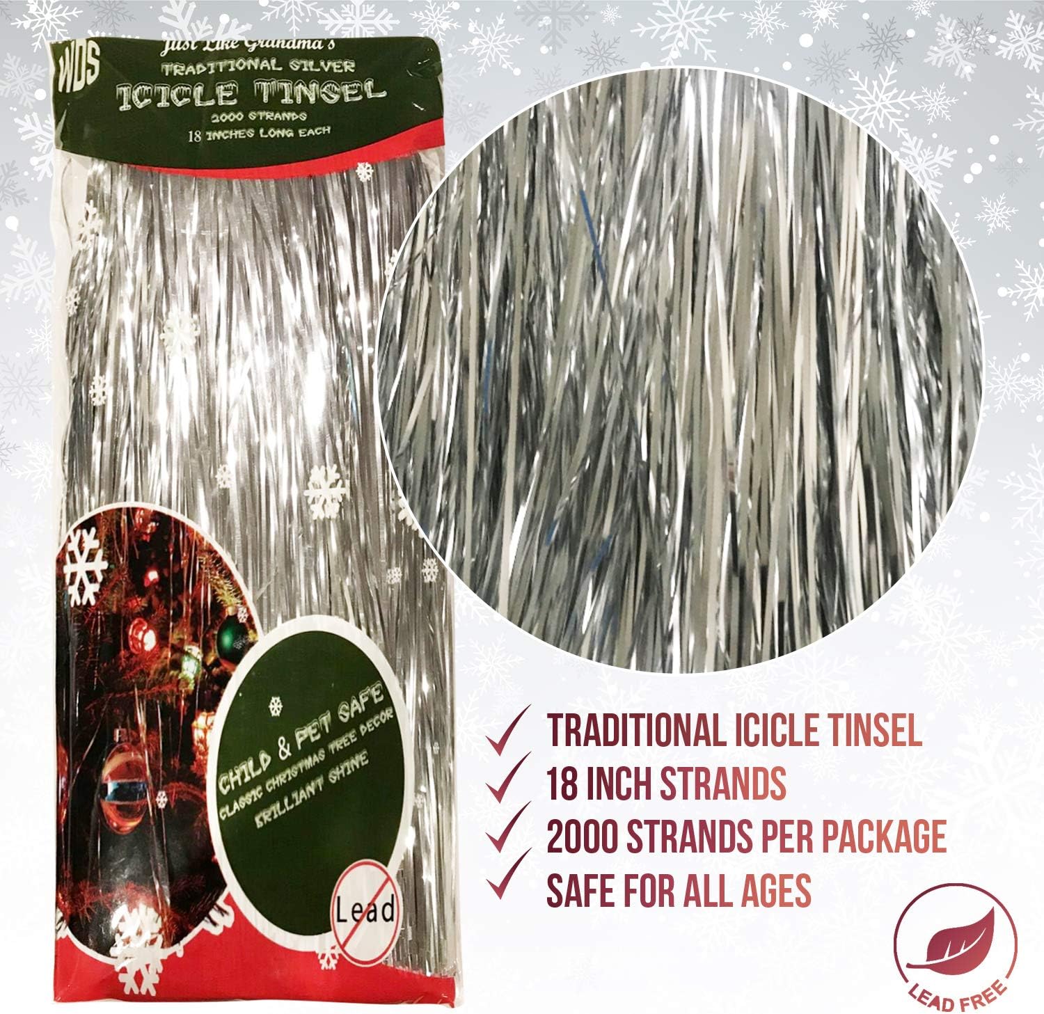 Premium Icicle Tinsel Strands for Christmas Tree - 2000 Old-Fashioned Silver Icicles Garland for Xmas Trees Shiny Mylar - Each Strand 18 in. - Kid Pet Safe (Lead-Free) - Hang with Ornaments & Decor