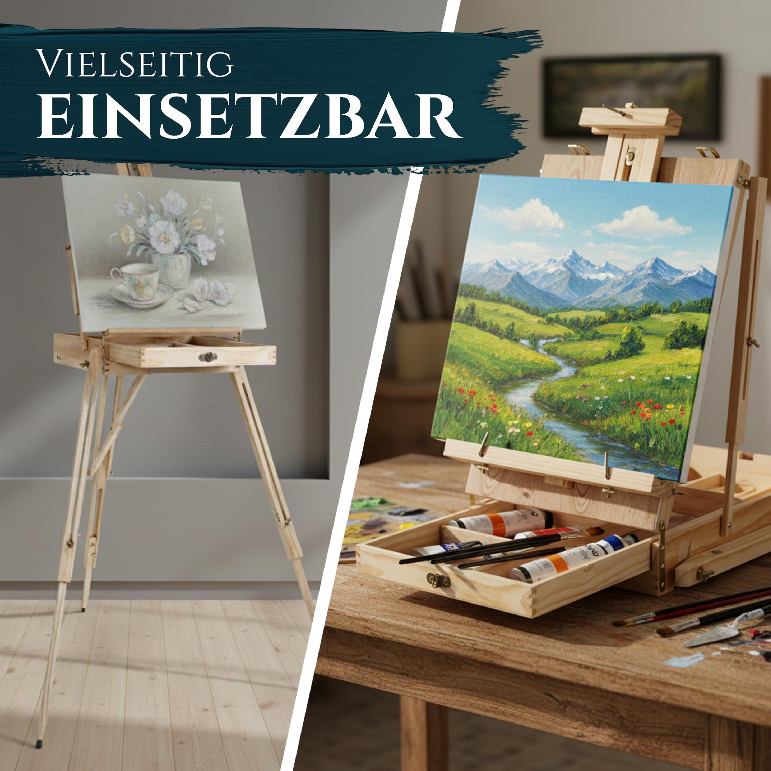 Artina Staffelei Holz Groß Leinwand bis max. 100cm mit 90° Neigung | Tischstaffelei Kofferstaffelei mit integriertem Malkoffer & Holzpalette Vielseitige Holzstaffelei Malerstaffelei Madrid