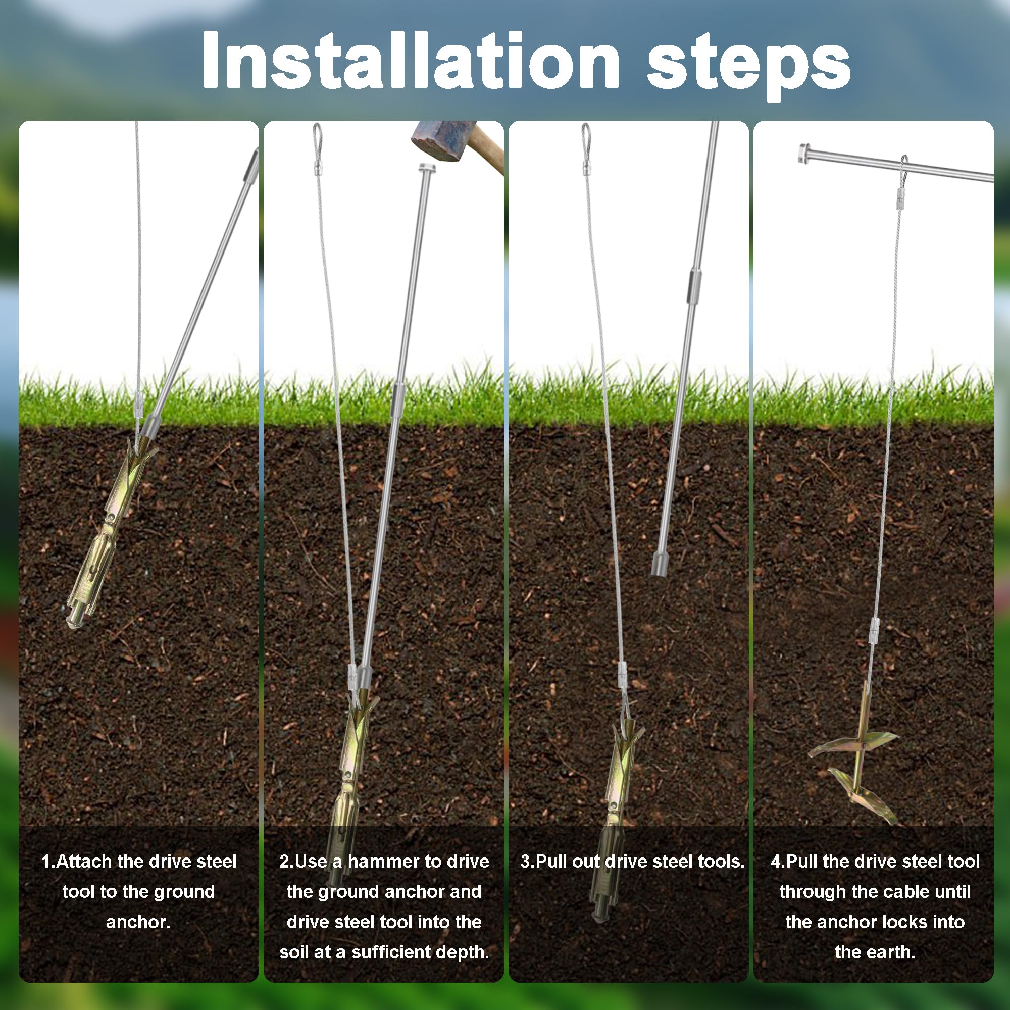 Paquete de 6 anclajes de tierra con herramienta de acero de accionamiento, cable de 30 pulgadas, ancla de gancho fácil para cobertizo, invernaderos, columpios, cenadores, vallas, casas móviles,