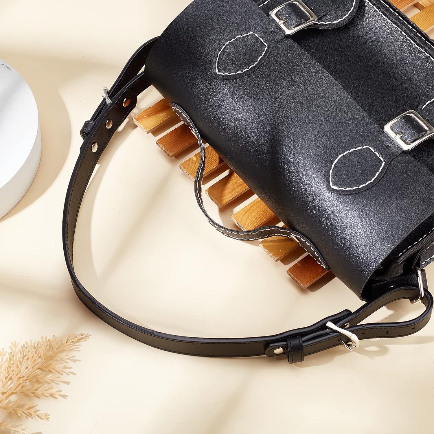 WADORN Leather Purse Strap Replacement, 17.9 Inch Adjustable Handbag Handles Strap Cowhide Leather Bag Handles DIY Bag Purse Making Accessories for Satchel Tote Crossbody Bag, Black - Image 5