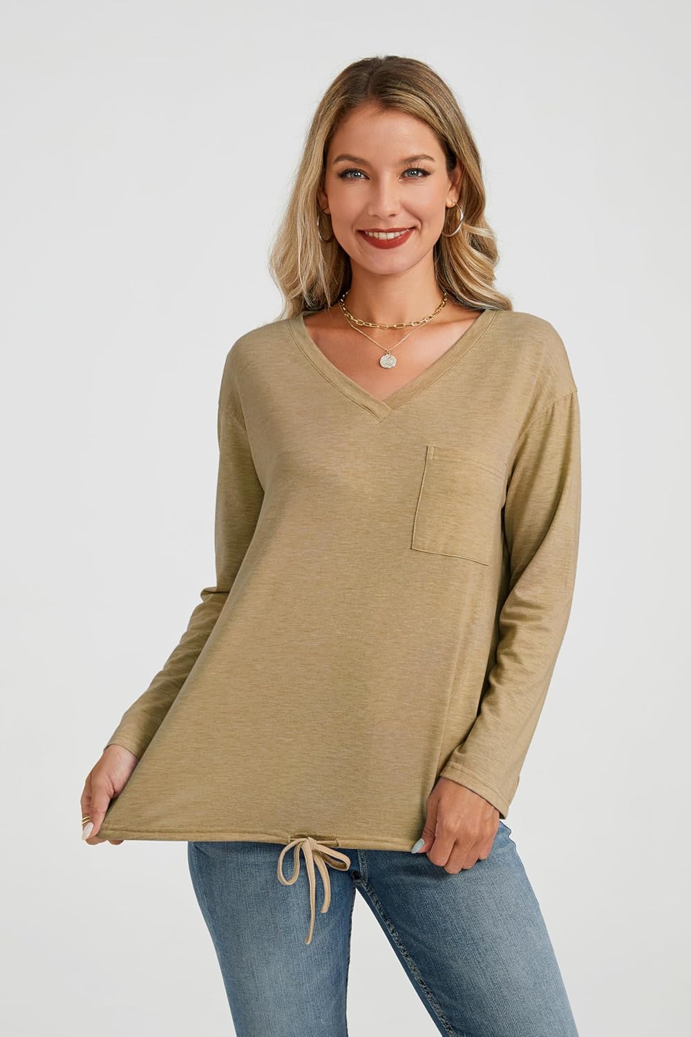 V Neck Long Sleeve T Shirts for Women Basic Drawstring Blouse Tees Elastic Hem Spring Fall Tunic Top 2026 Trendy - Image 2
