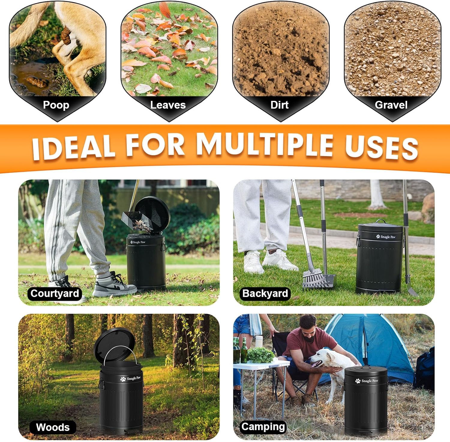 Dog Pooper Scooper for Large/Small Dogs,Snagle Paw 12L Metal Dog Poop Trash Can Outside with Odor Control Lid, 38.2" Long Handle Pooper Scooper Set with Metal Tray,Spade & Rake,Includes 40 Waste Bags